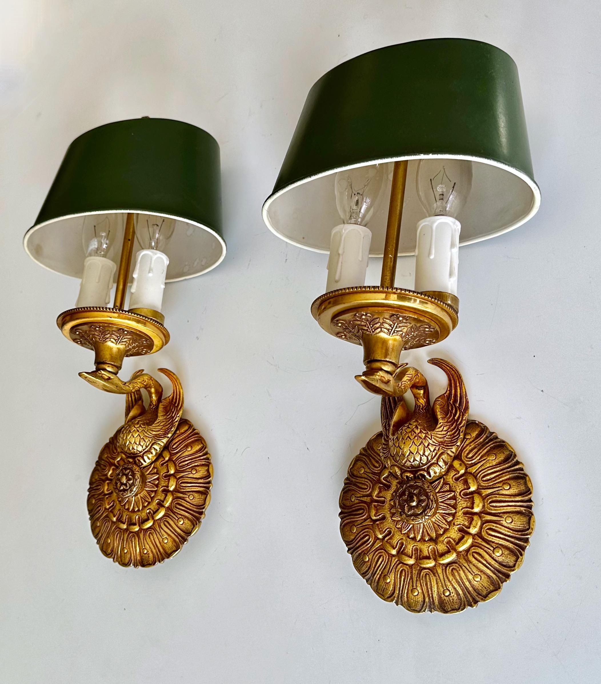 Pair French Empire Style Swan Tole Shade Wall Sconces In Good Condition In Palm Springs, CA