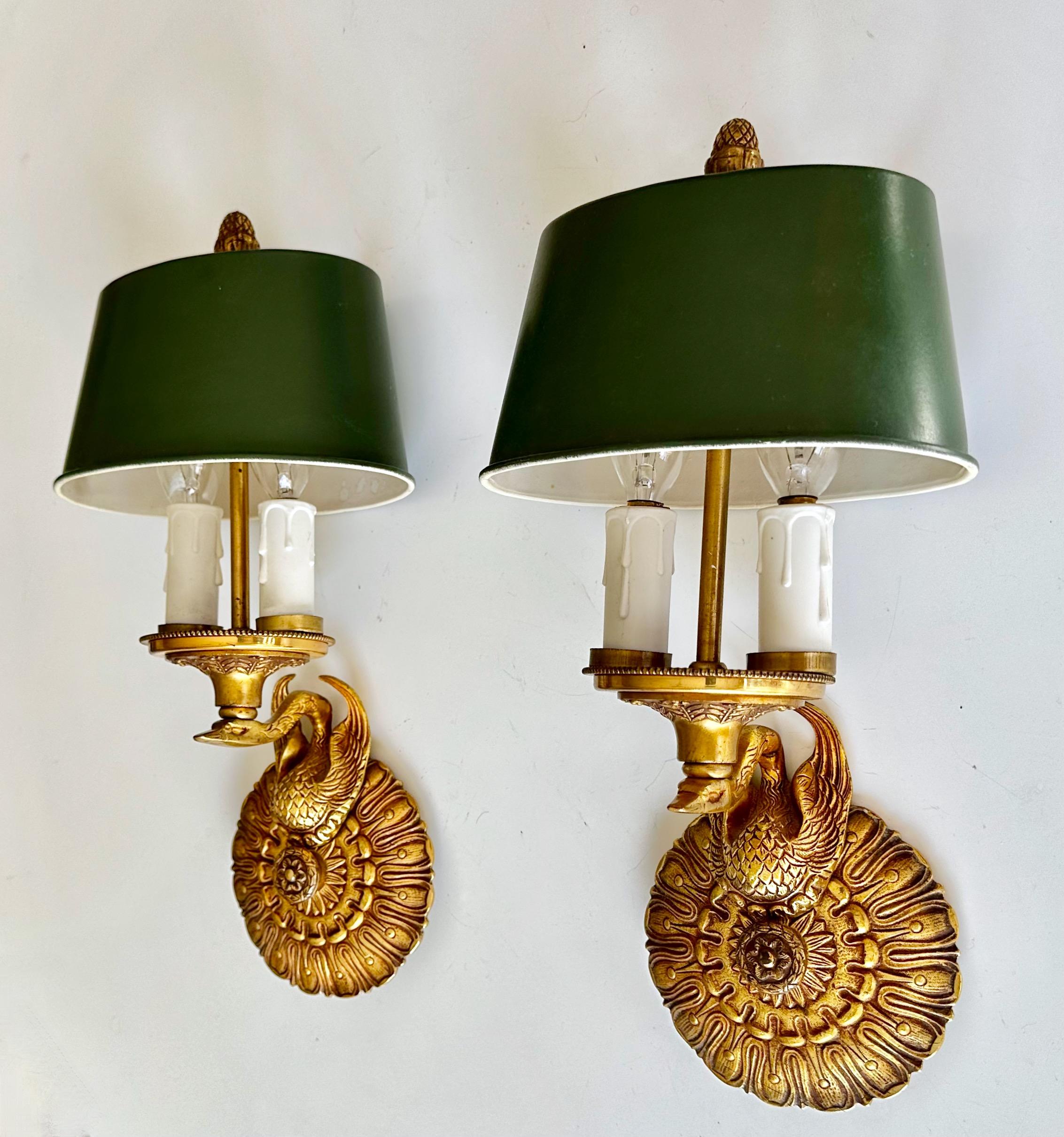 Mid-20th Century Pair French Empire Style Swan Tole Shade Wall Sconces