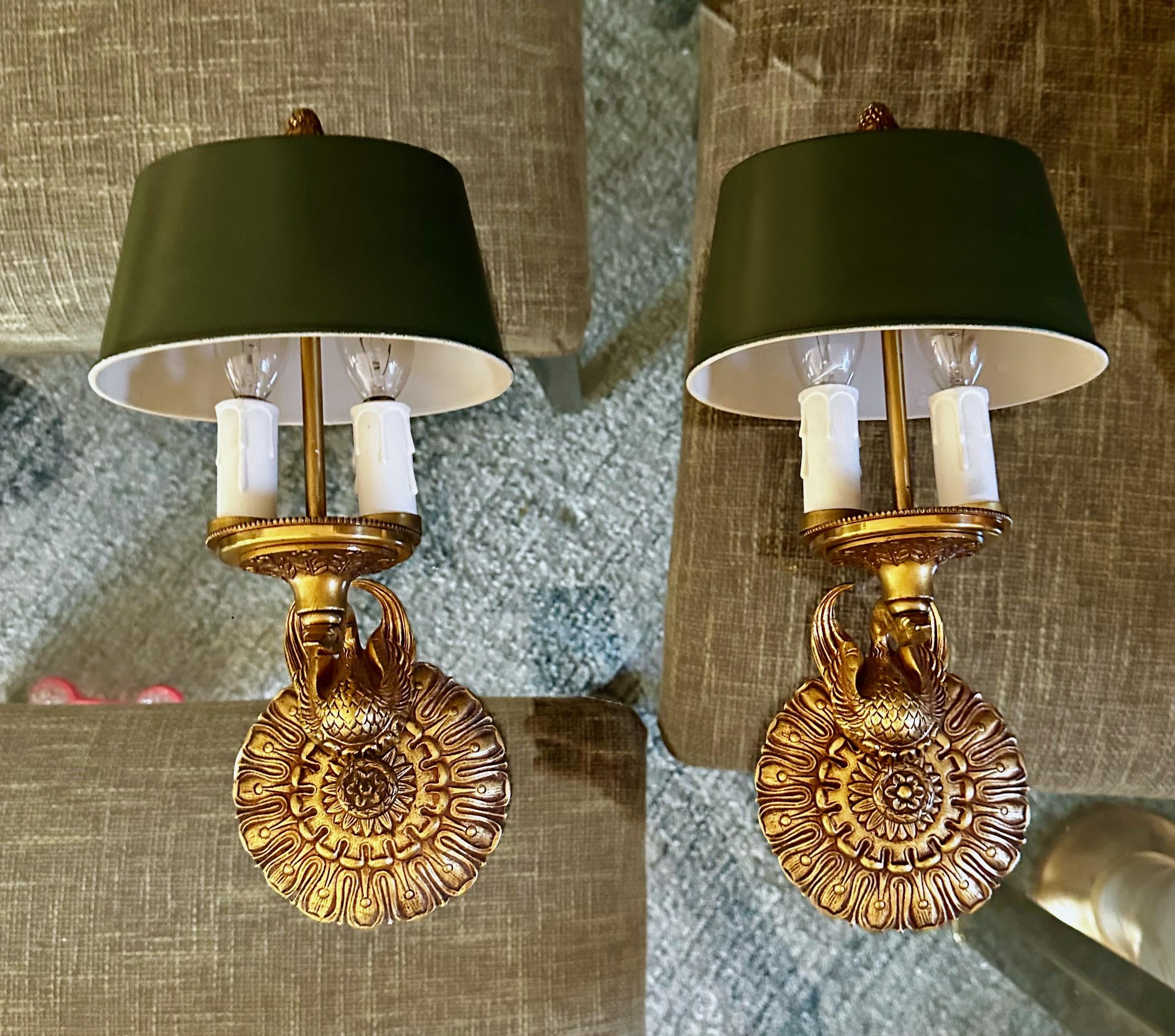 Pair French Empire Style Swan Tole Shade Wall Sconces 1