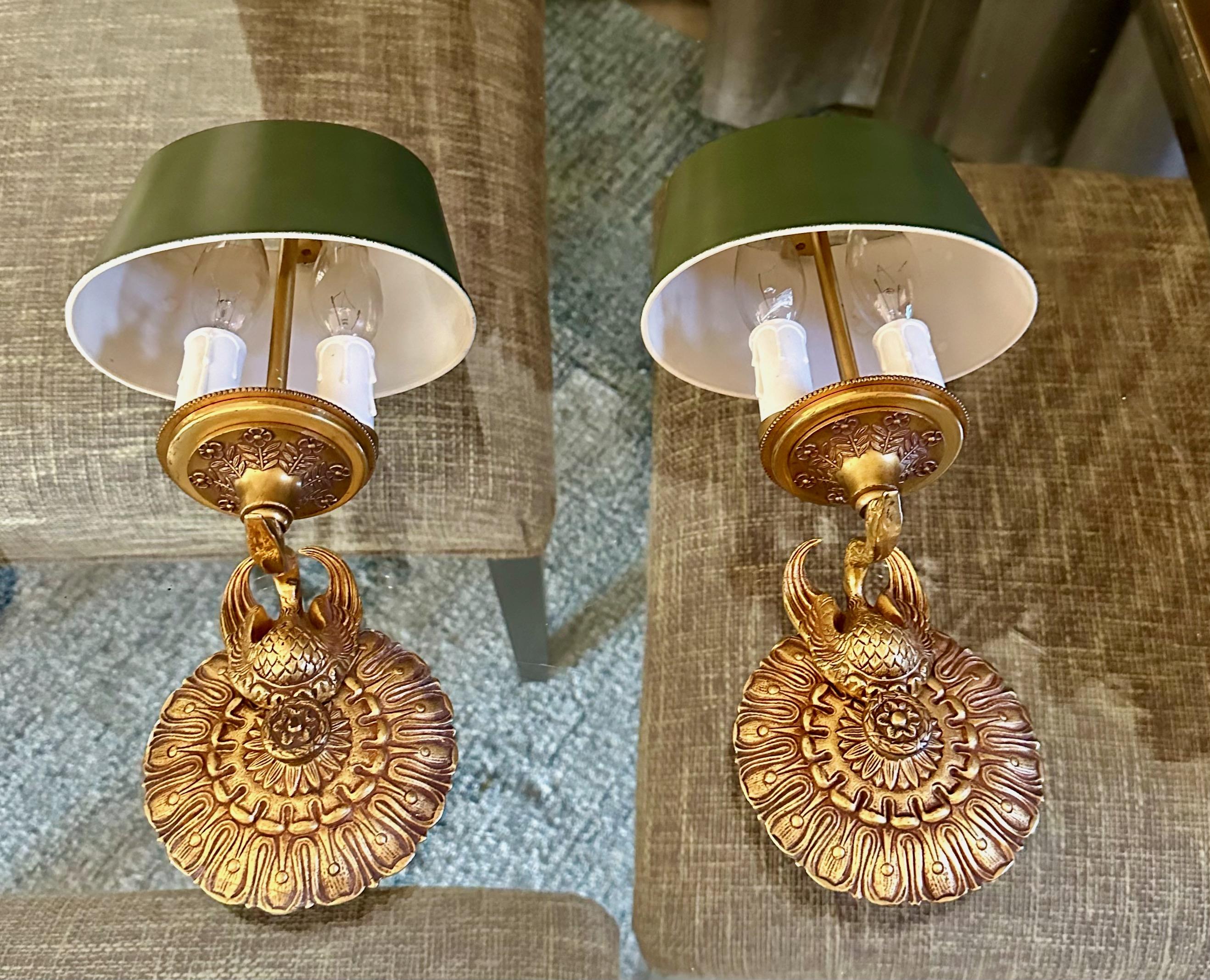 Pair French Empire Style Swan Tole Shade Wall Sconces 2