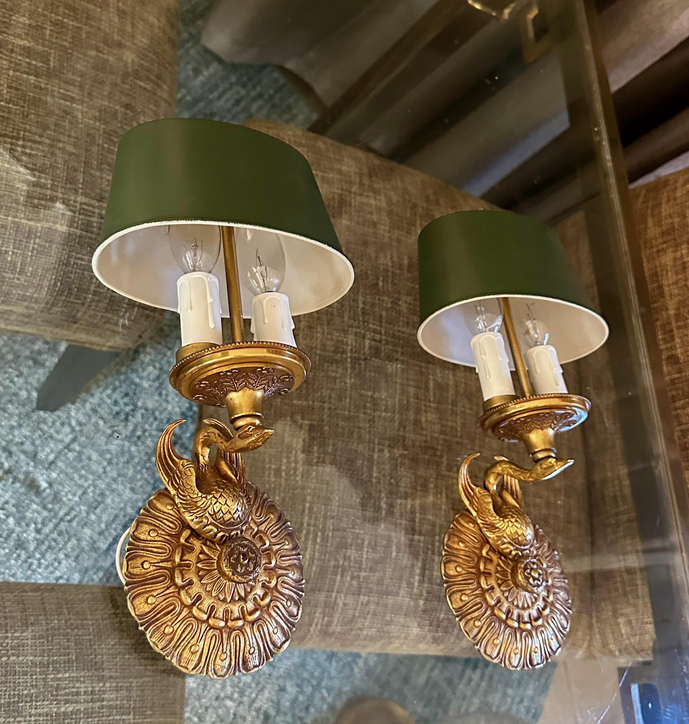 Pair French Empire Style Swan Tole Shade Wall Sconces 3