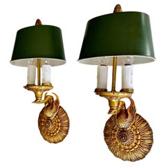 Pair French Empire Style Swan Tole Shade Wall Sconces