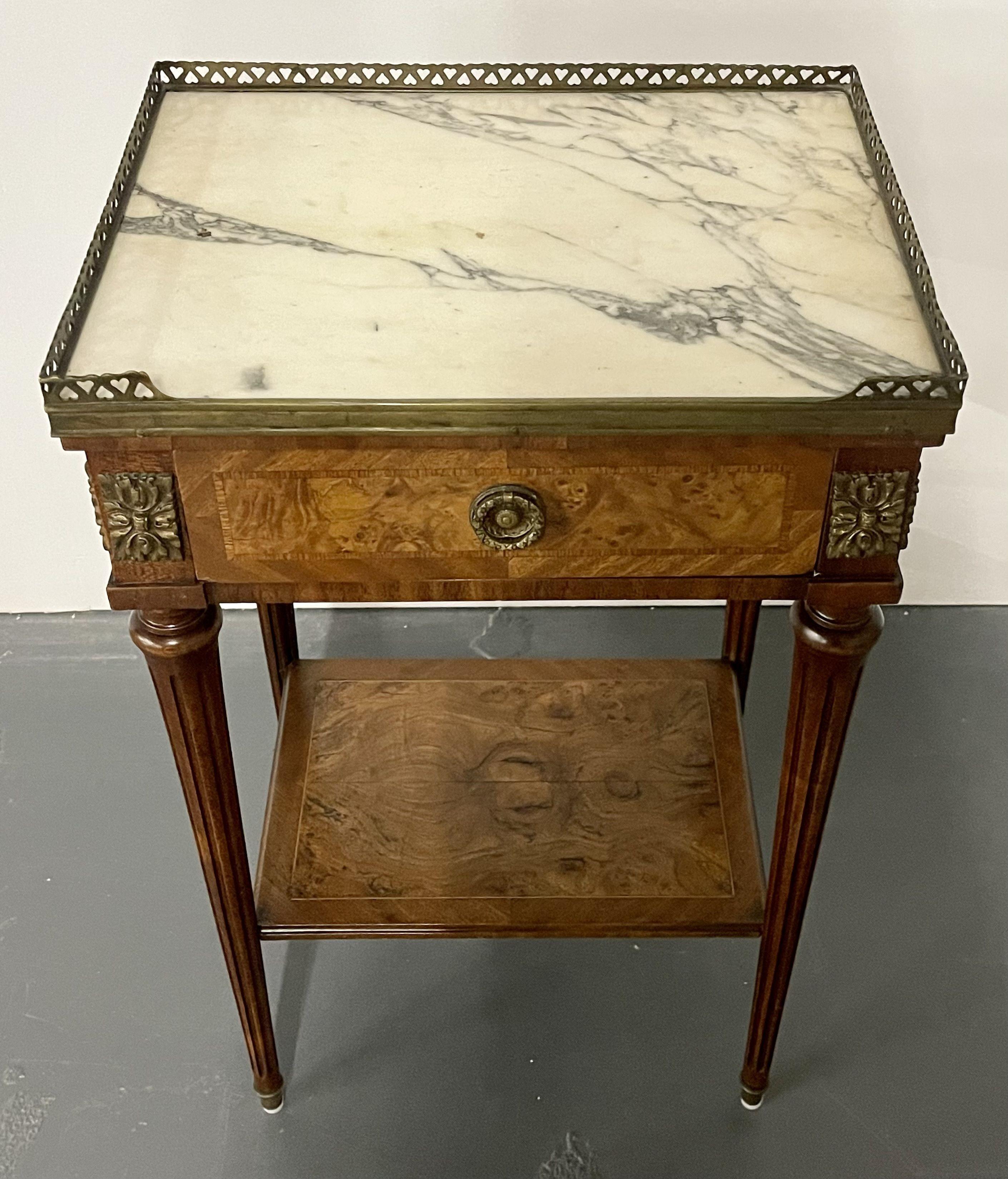 Pair French End Tables, Side Table, Lamp Tables, Louis XVI Style, Marble Tops In Good Condition In Stamford, CT