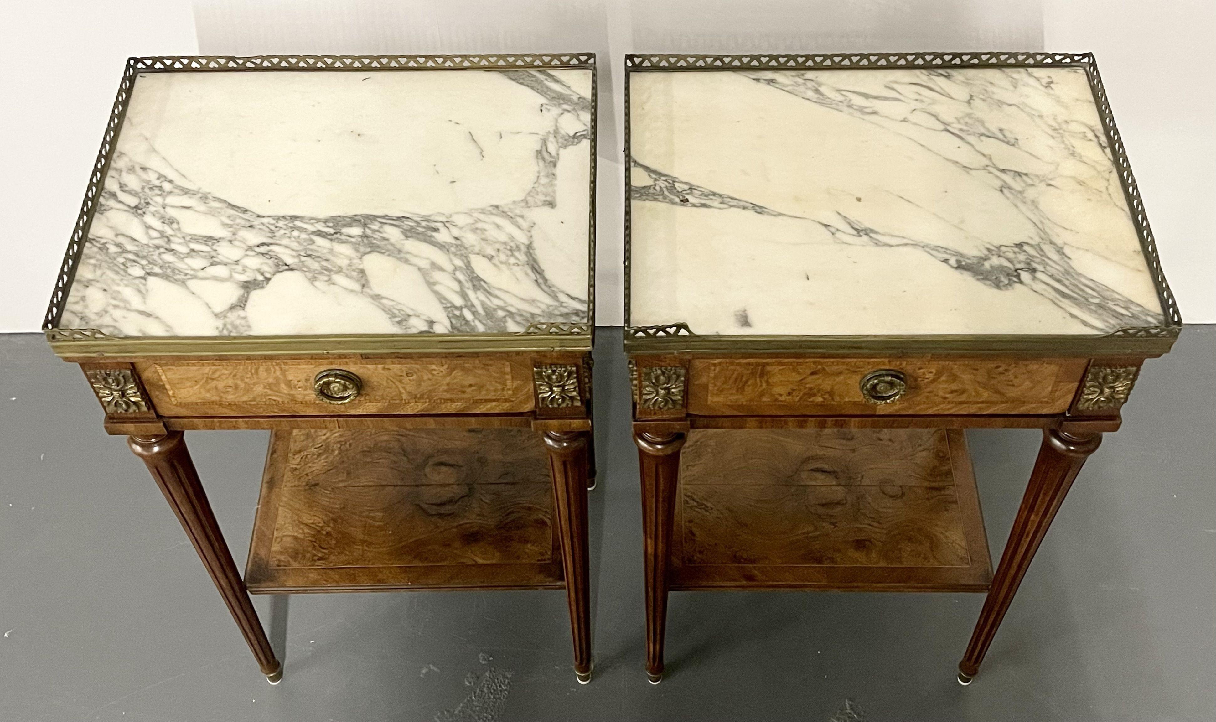 Pair French End Tables, Side Table, Lamp Tables, Louis XVI Style, Marble Tops 1