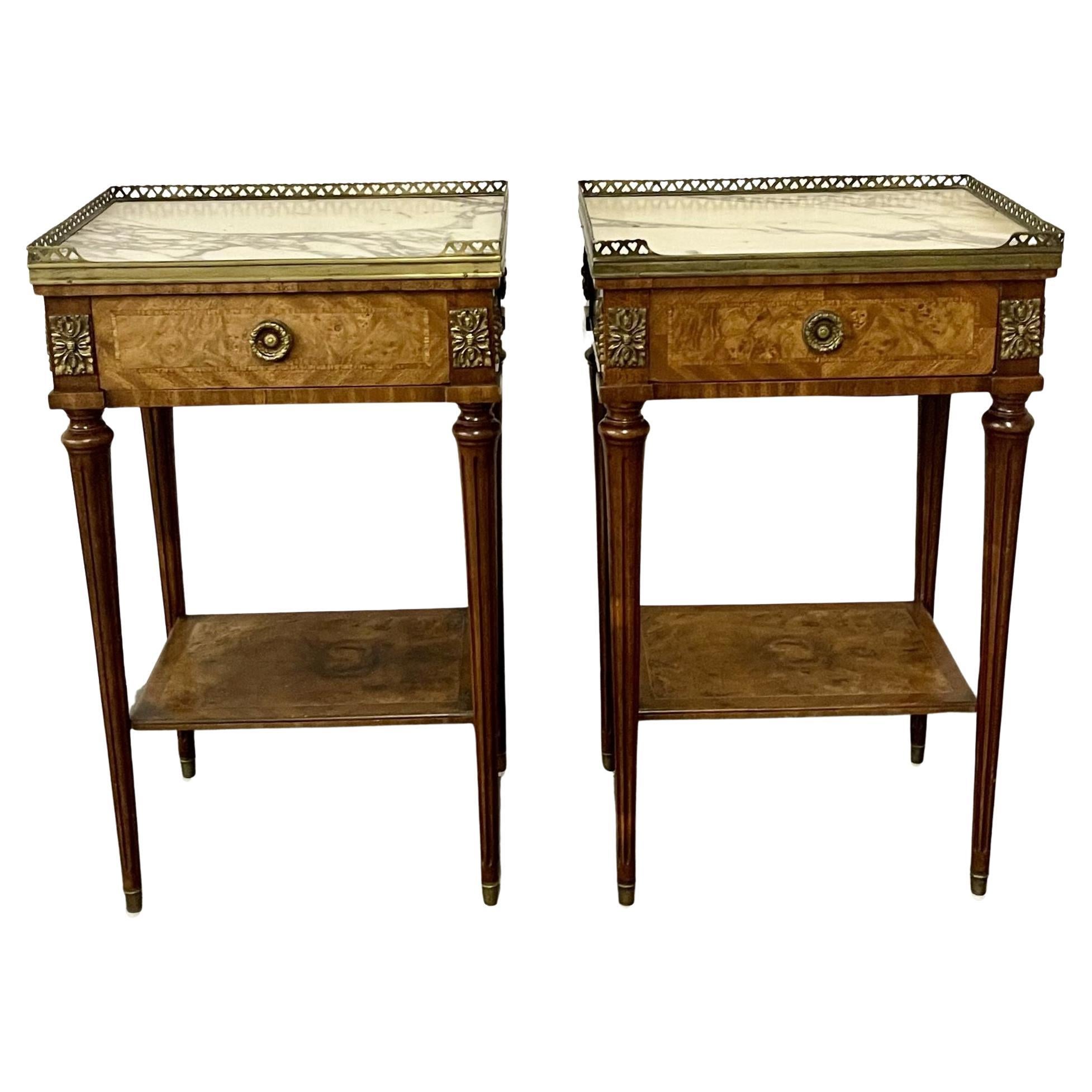 Pair French End Tables, Side Table, Lamp Tables, Louis XVI Style, Marble Tops