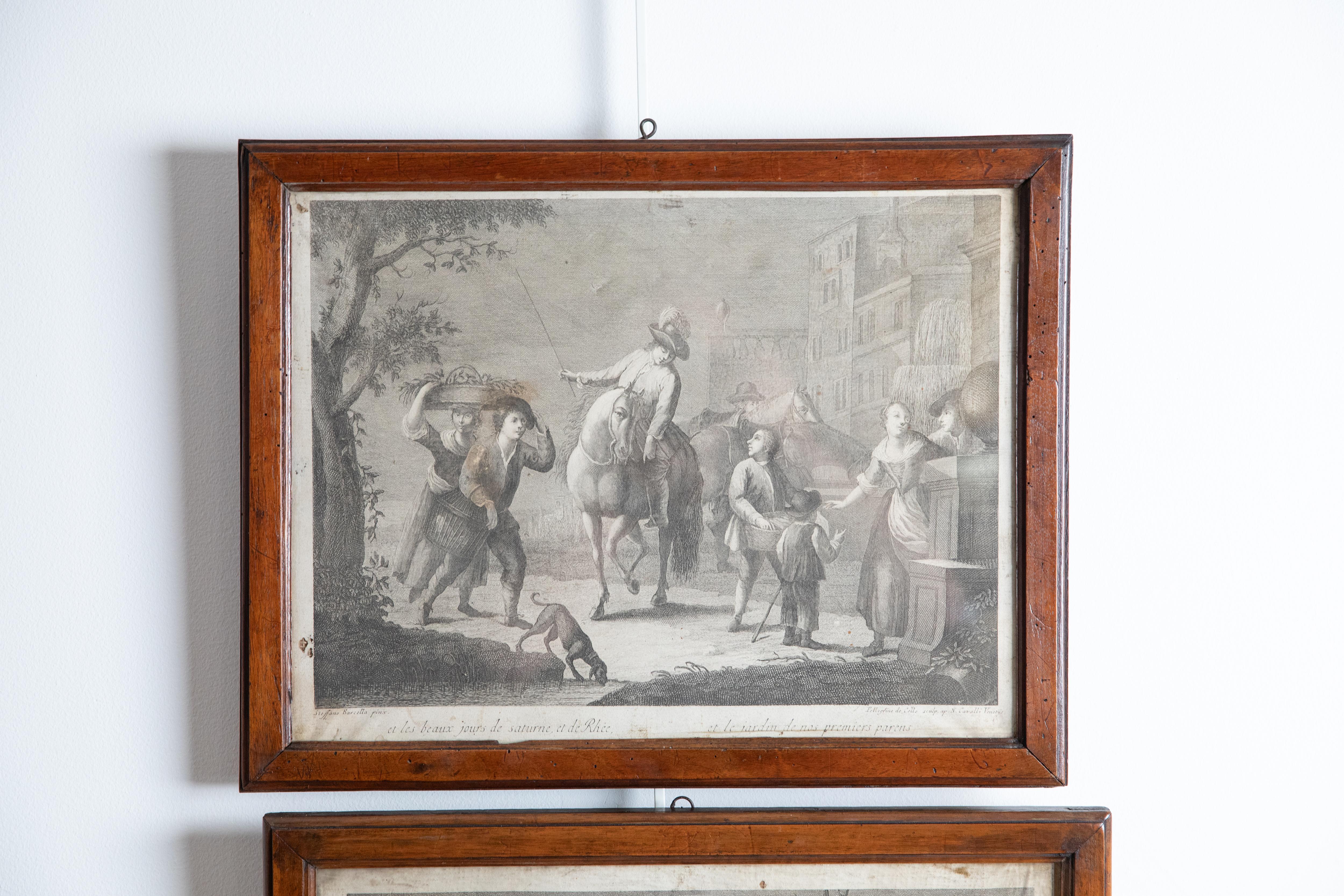 Pair French Engravings of Genre Scenes in Walnut Frames, mid 18th century In Good Condition For Sale In Atlanta, GA