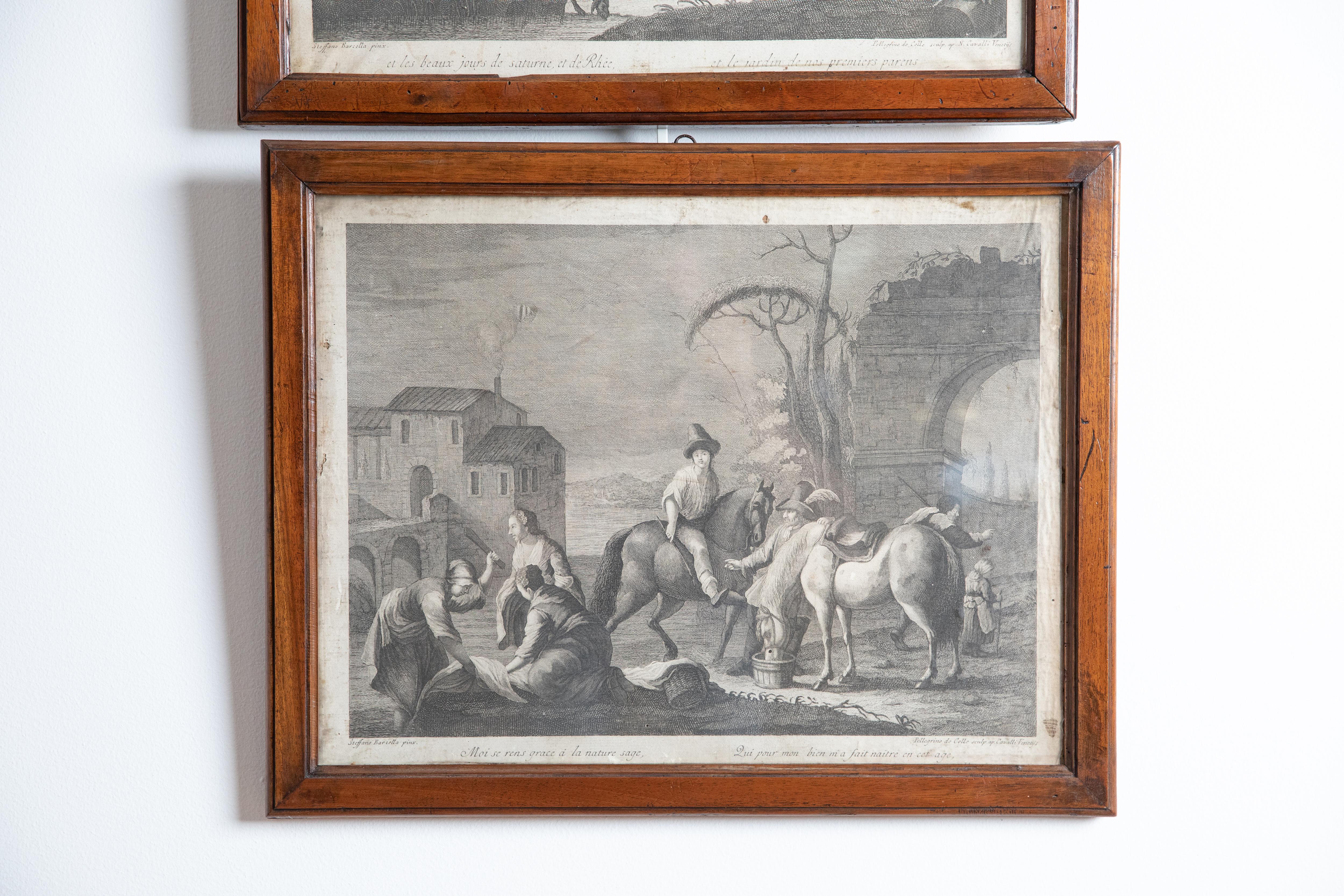 18th Century Pair French Engravings of Genre Scenes in Walnut Frames, mid 18th century For Sale