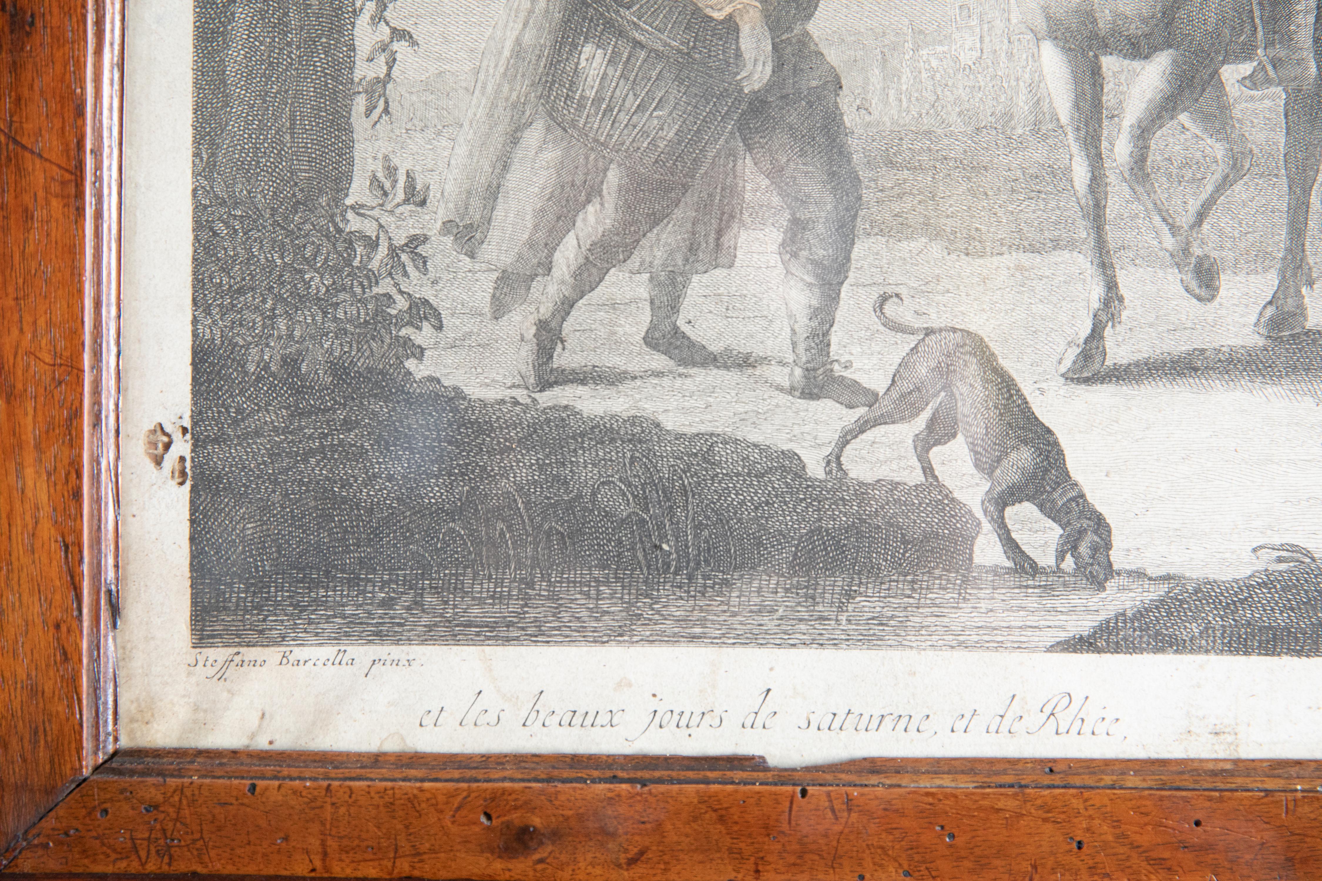 Paper Pair French Engravings of Genre Scenes in Walnut Frames, mid 18th century For Sale