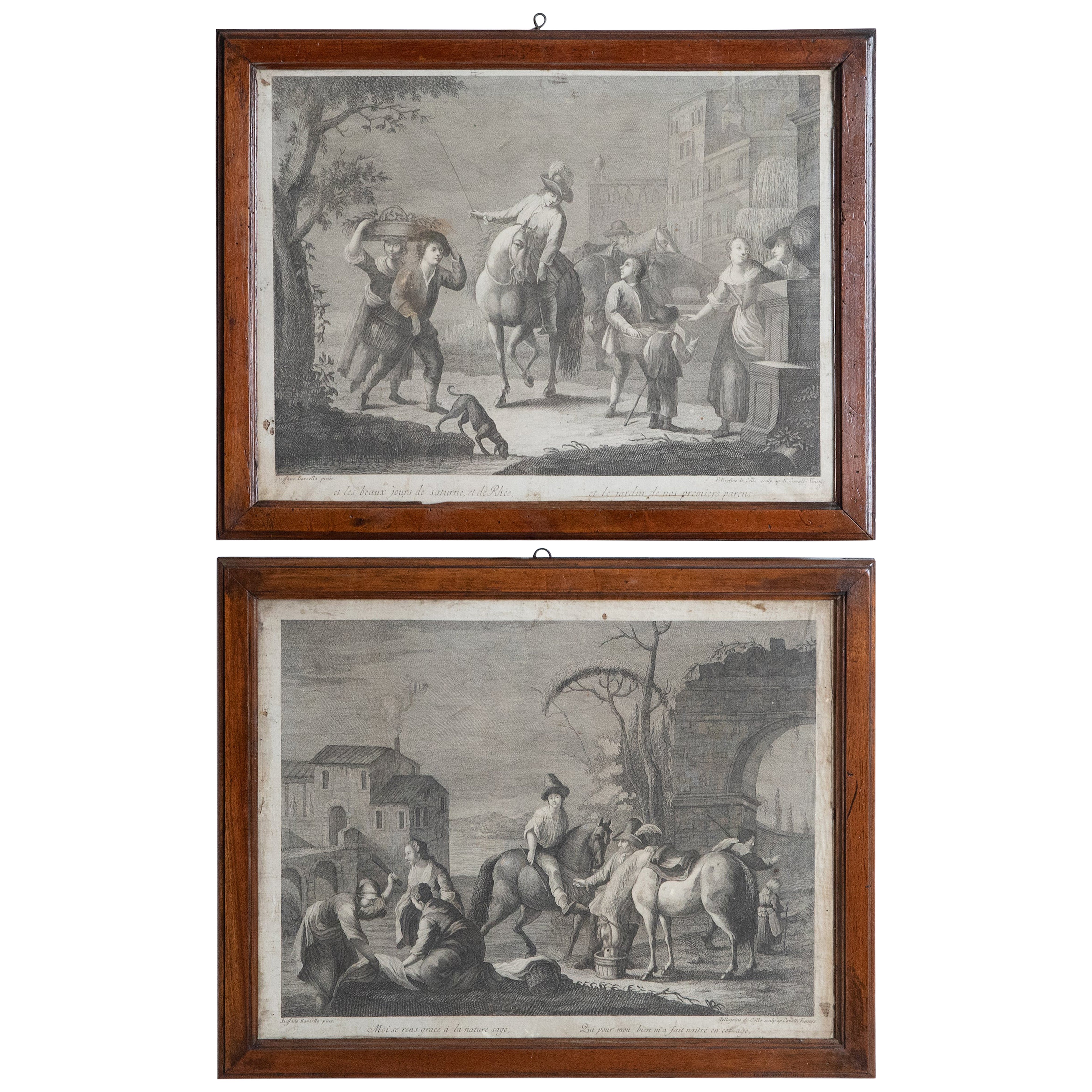 Pair French Engravings of Genre Scenes in Walnut Frames, mid 18th century