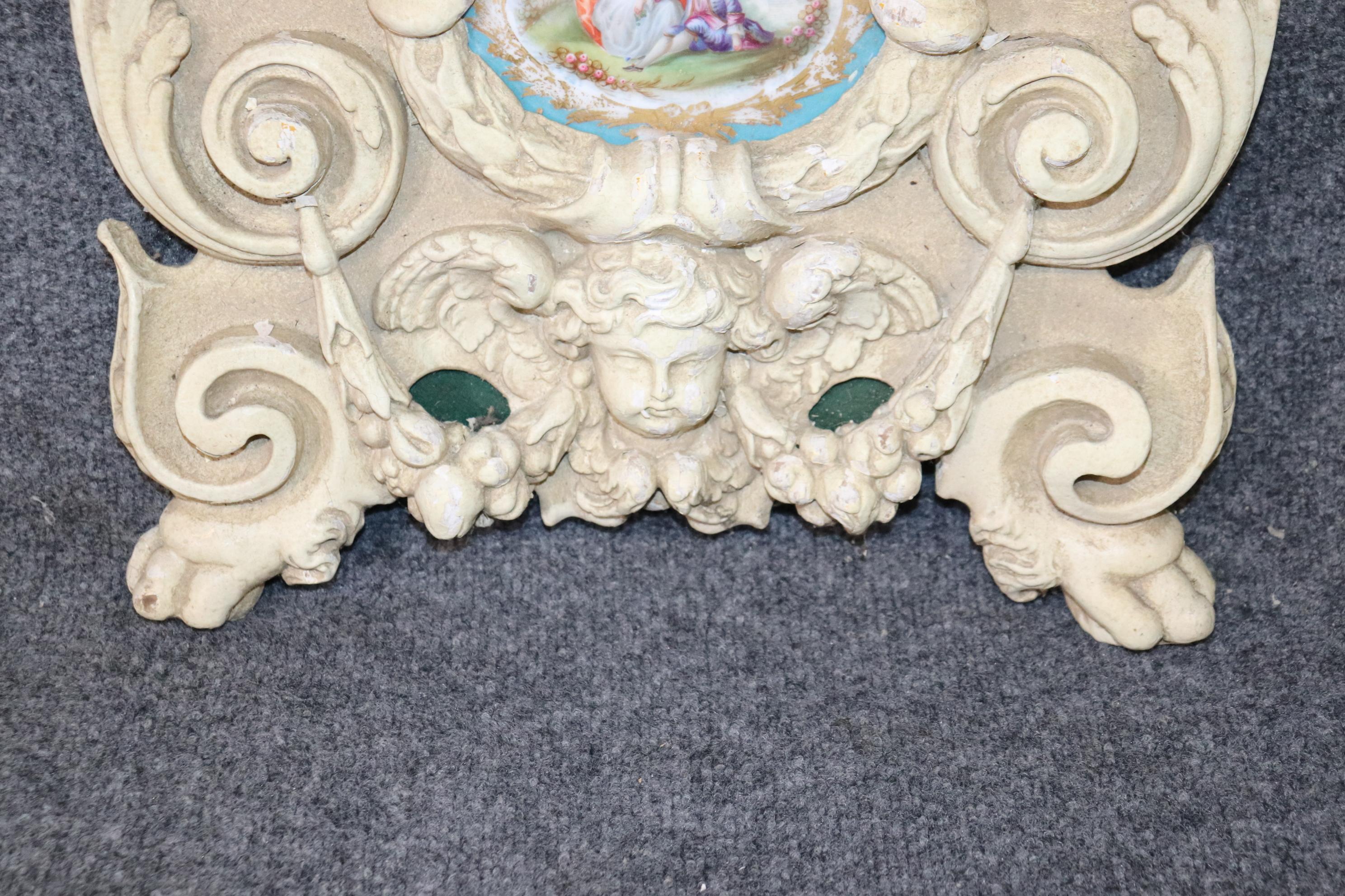 Pair French Figural Carved Wall Decorations with Sevres Style Plaques For Sale 2