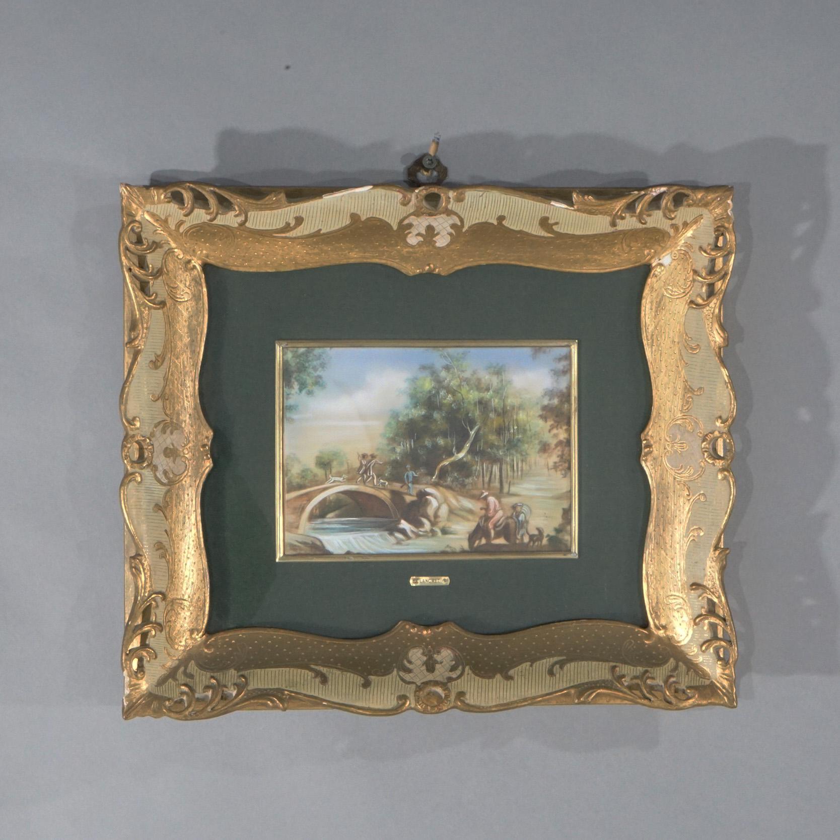 Ein antikes Paar französischer Gemälde bietet Genreszenen in Öl auf Zelluloid mit Figuren in ländlicher Umgebung, in vergoldeten Rahmen sitzend, Künstlernamenschilder wie fotografiert, um 1940.

Maße- Insgesamt 12,5''H x 14,5''W x 1,75''D.