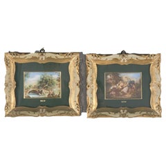 Pair French Genre Scene Paintings by Lancret on Celluloid in Giltwood, C1940