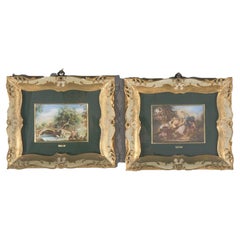 Vintage Pair French Genre Scene Paintings by Lancret on Celluloid in Giltwood, C1940