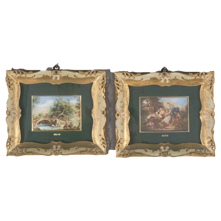 Pair French Genre Scene Paintings by Lancret on Celluloid in Giltwood, C1940 For Sale