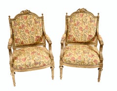 Pair French Gilt Arm Chairs Antique Fauteuil 1900