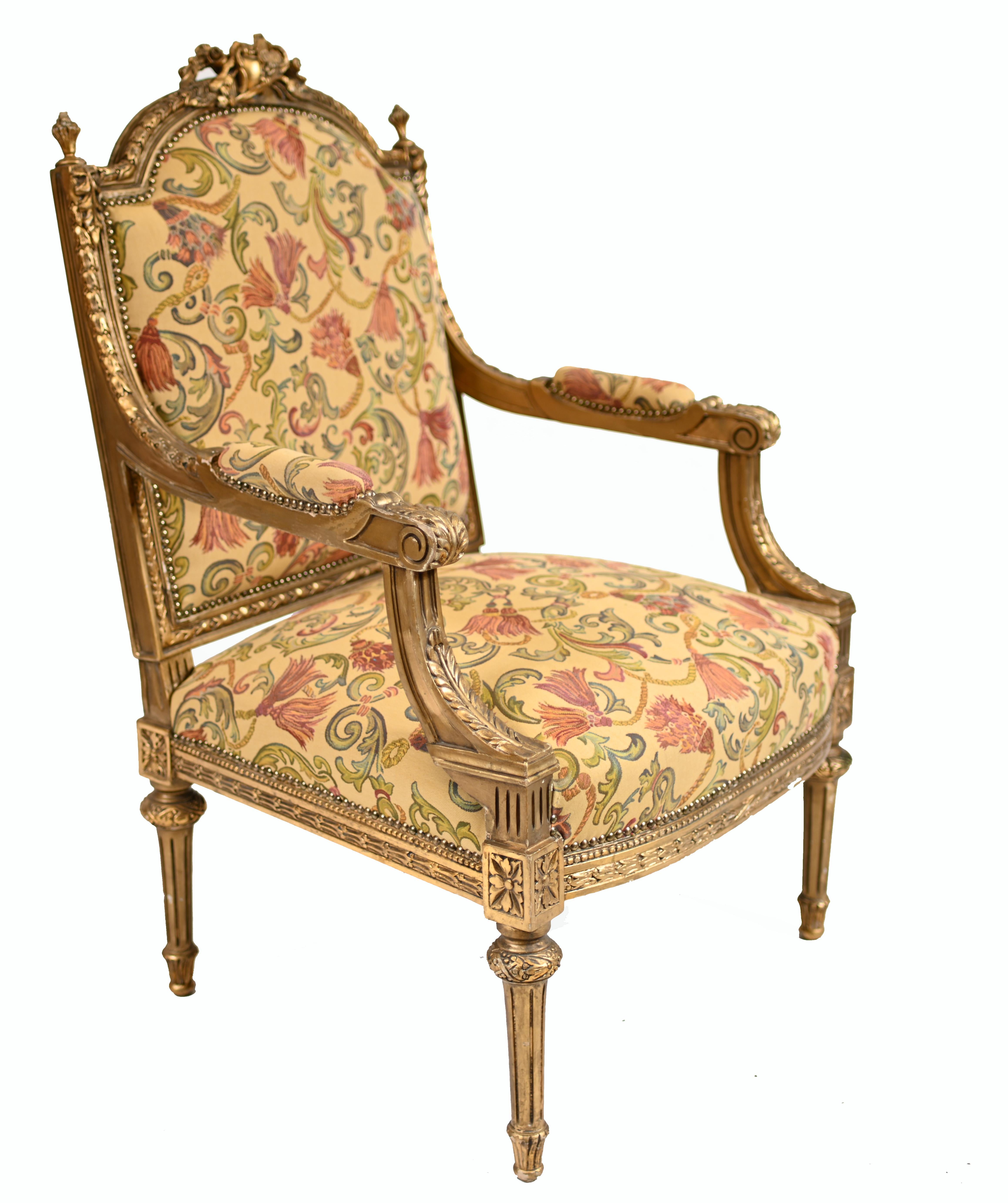 Pair French Gilt Arm Chairs Antique Fauteuil 1900 1