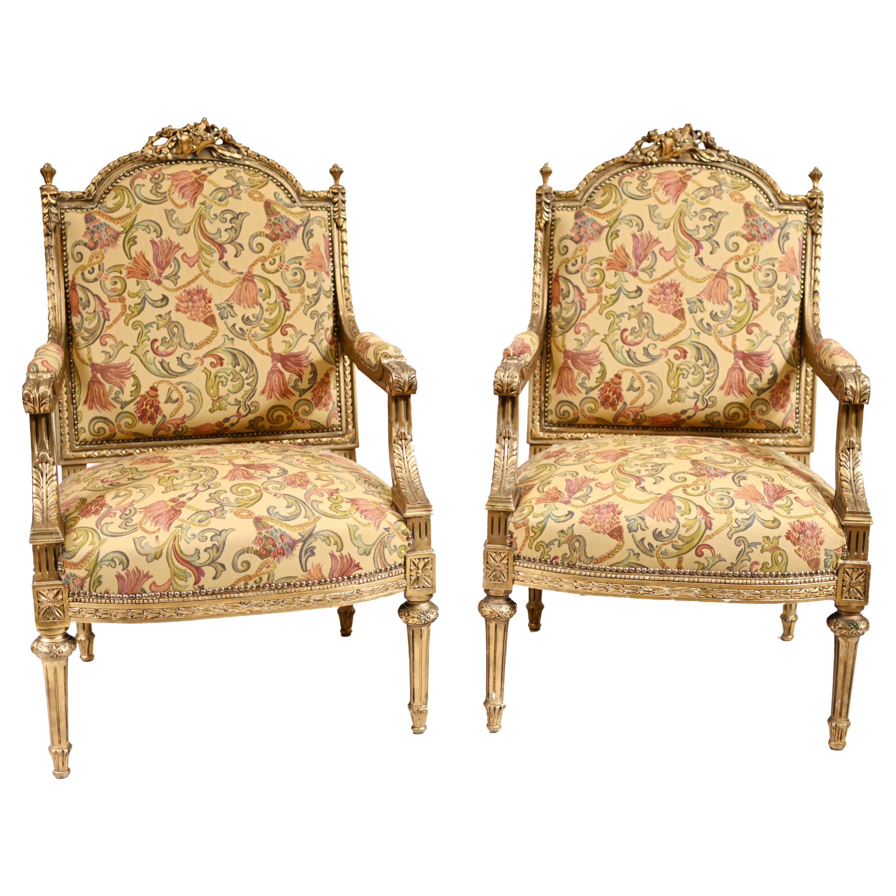 Pair French Gilt Arm Chairs Antique Fauteuil 1900