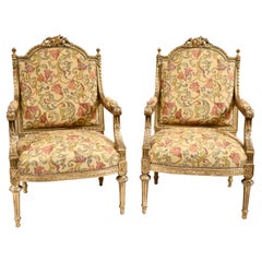 Pair French Gilt Arm Chairs Antique Fauteuil 1900