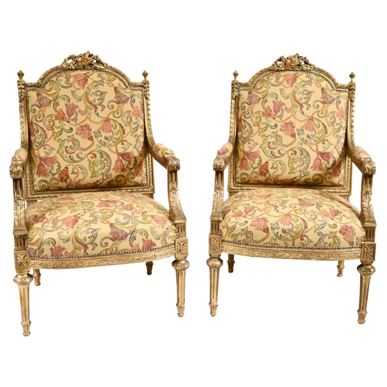 Pair French Gilt Arm Chairs Antique Fauteuil 1900 For Sale at 1stDibs