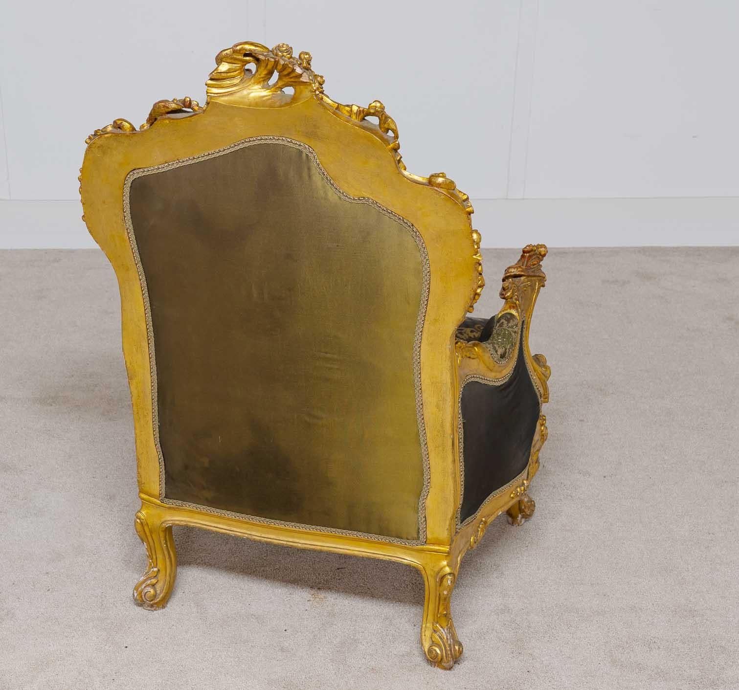 Late 20th Century Pair French Gilt Arm Chairs Louis XVI Fauteuil For Sale