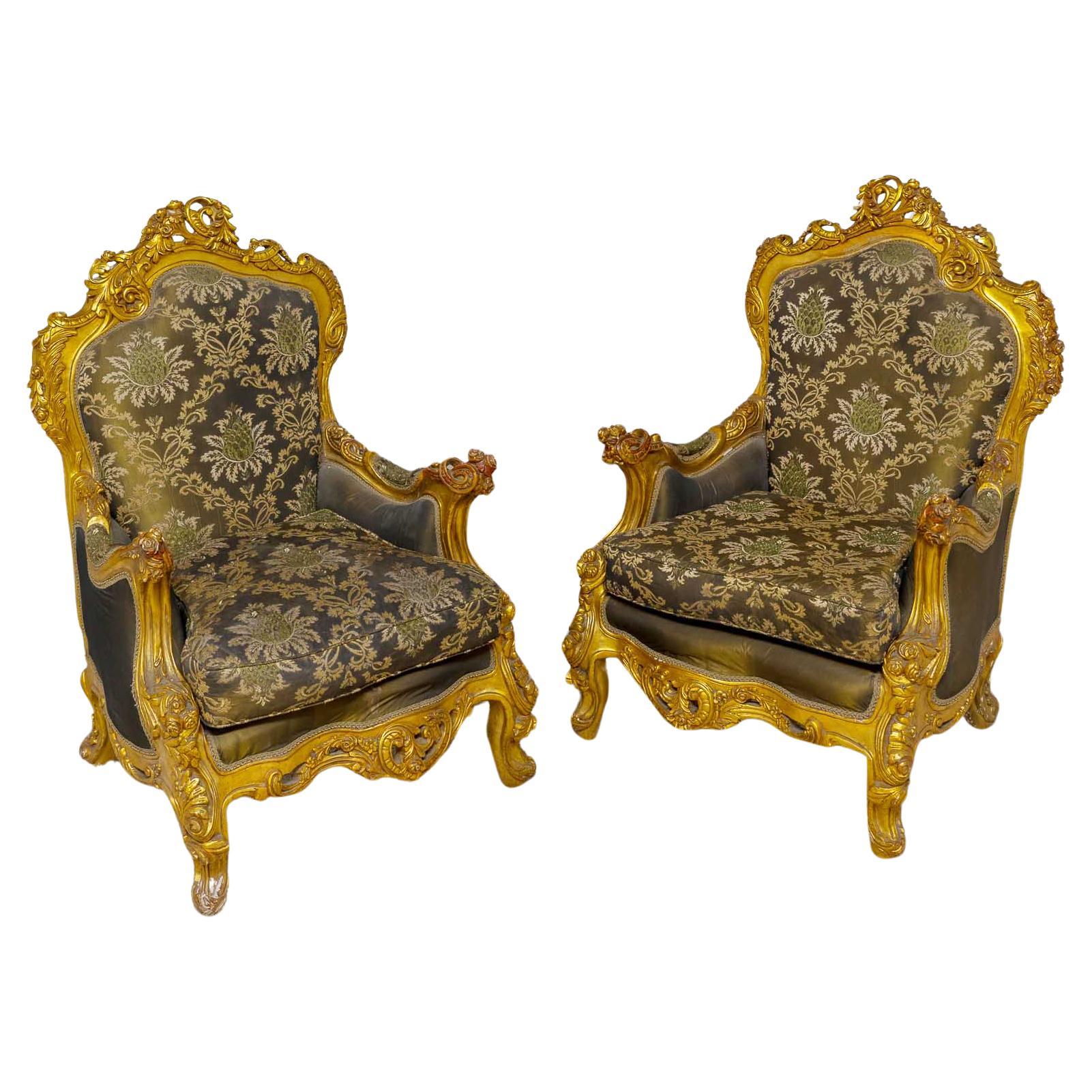 Pair French Gilt Arm Chairs Louis XVI Fauteuil