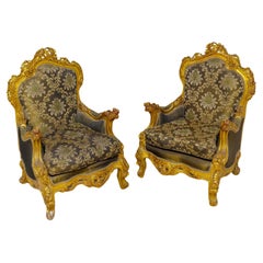 Antique Pair French Gilt Arm Chairs Louis XVI Fauteuil