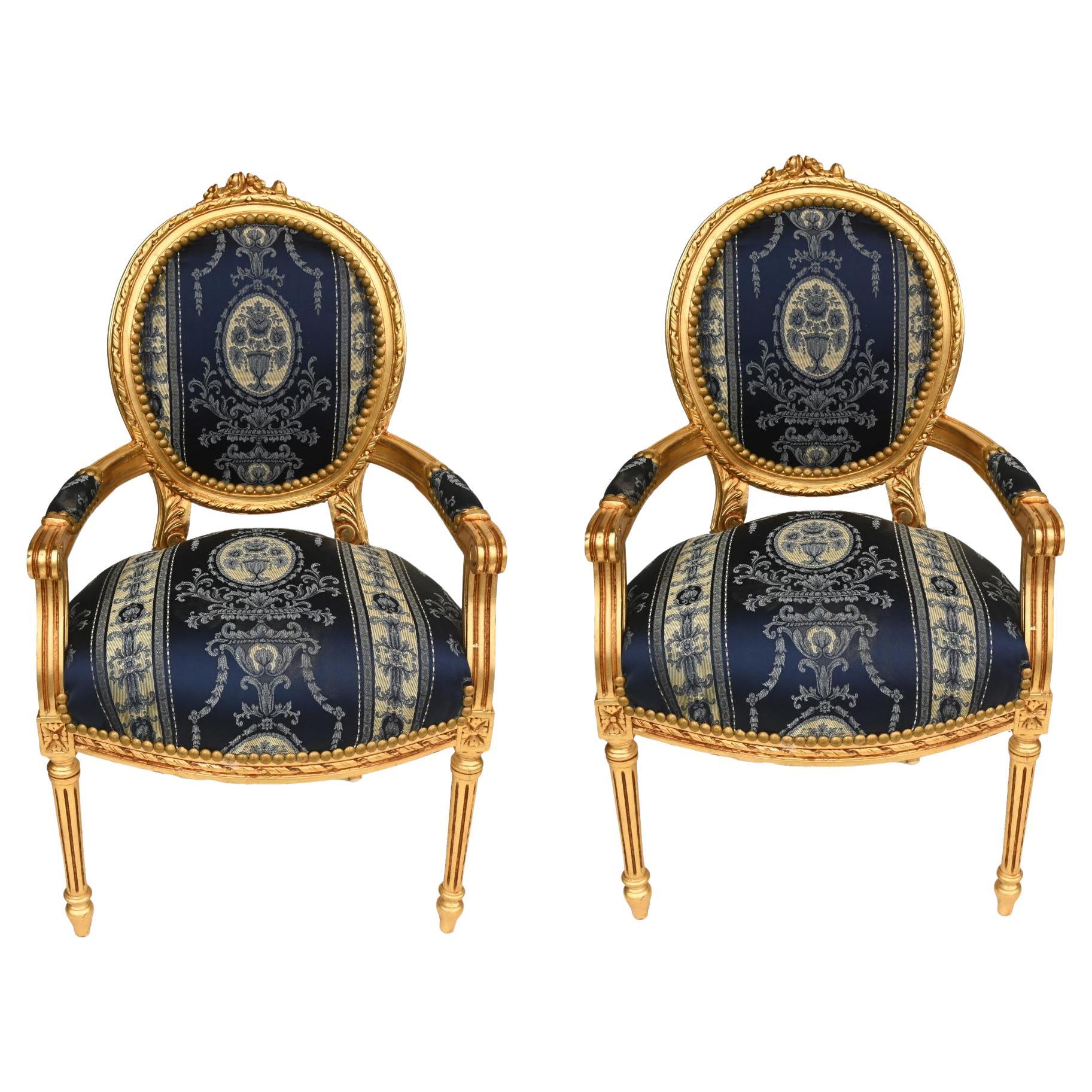 Pair French Gilt Arm Chairs Louis XVI Interiors