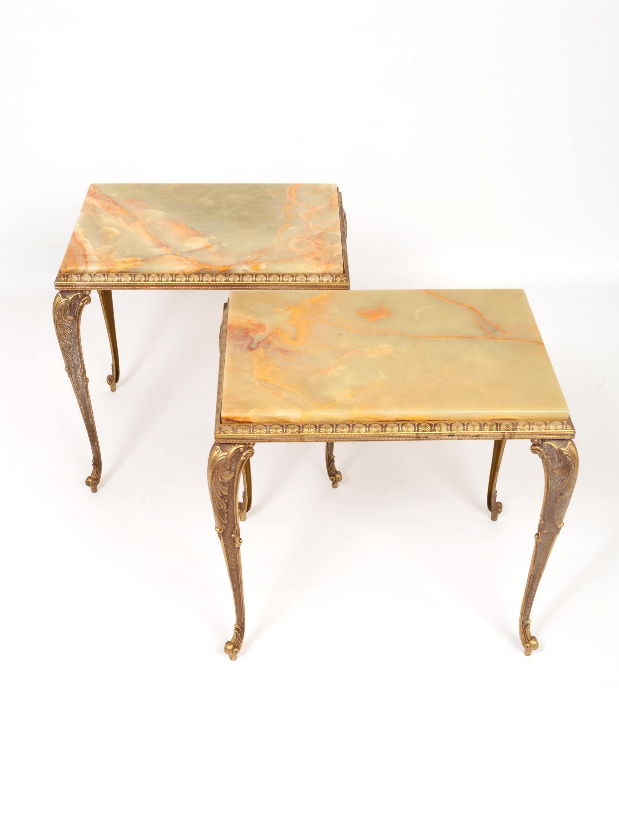 20th Century Pair French Gilt Brass and Onyx Side Lamp Tables, c.1940 For Sale