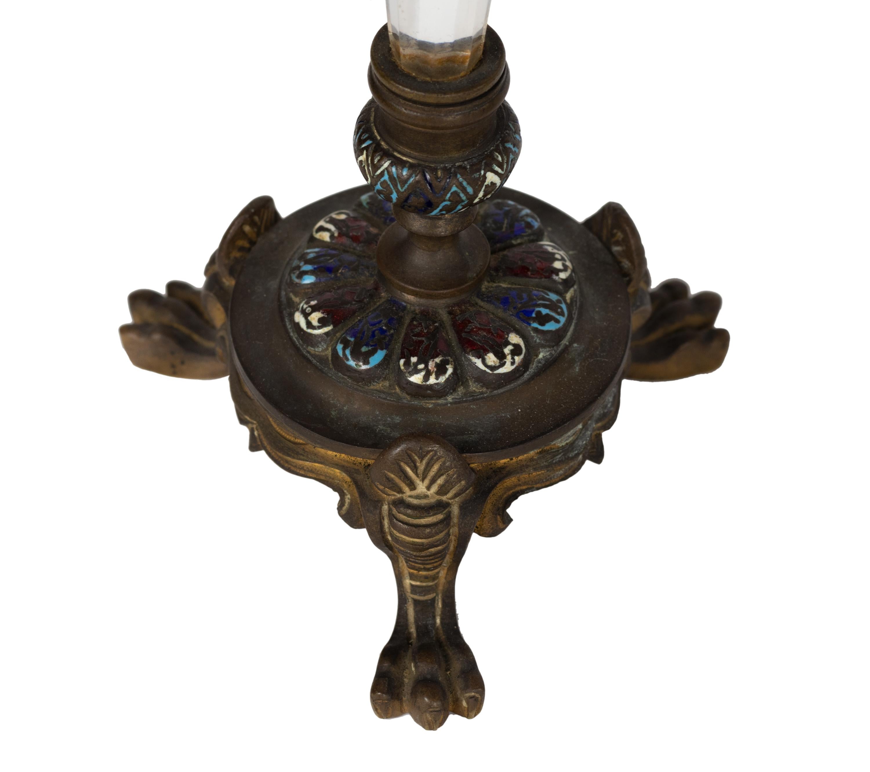 Enameled Pair French Gilt Bronze and Champlevé Enamel Trumpet Vases, Late 19th Century For Sale
