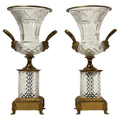 Pair French Gilt Bronze and Cut Crystal Campana Form Vases in Louis XVI Style
