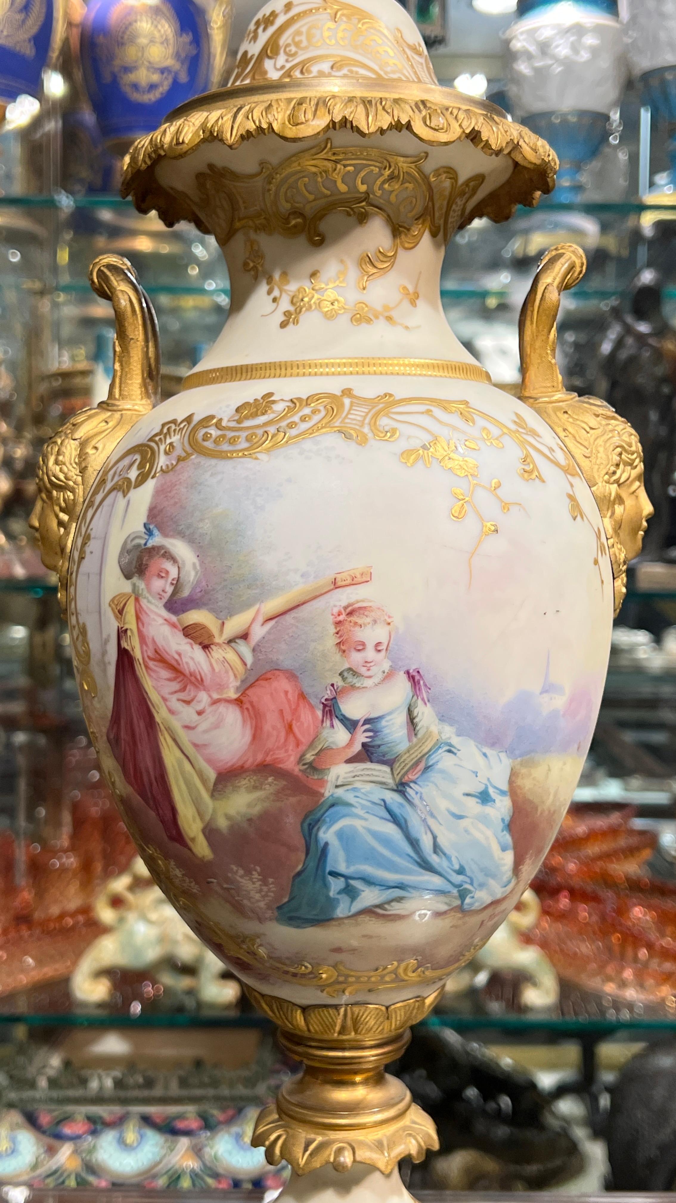 Pair French Gilt Bronze and Porcelain Louis XV Sevres Style Table Lamps For Sale 7