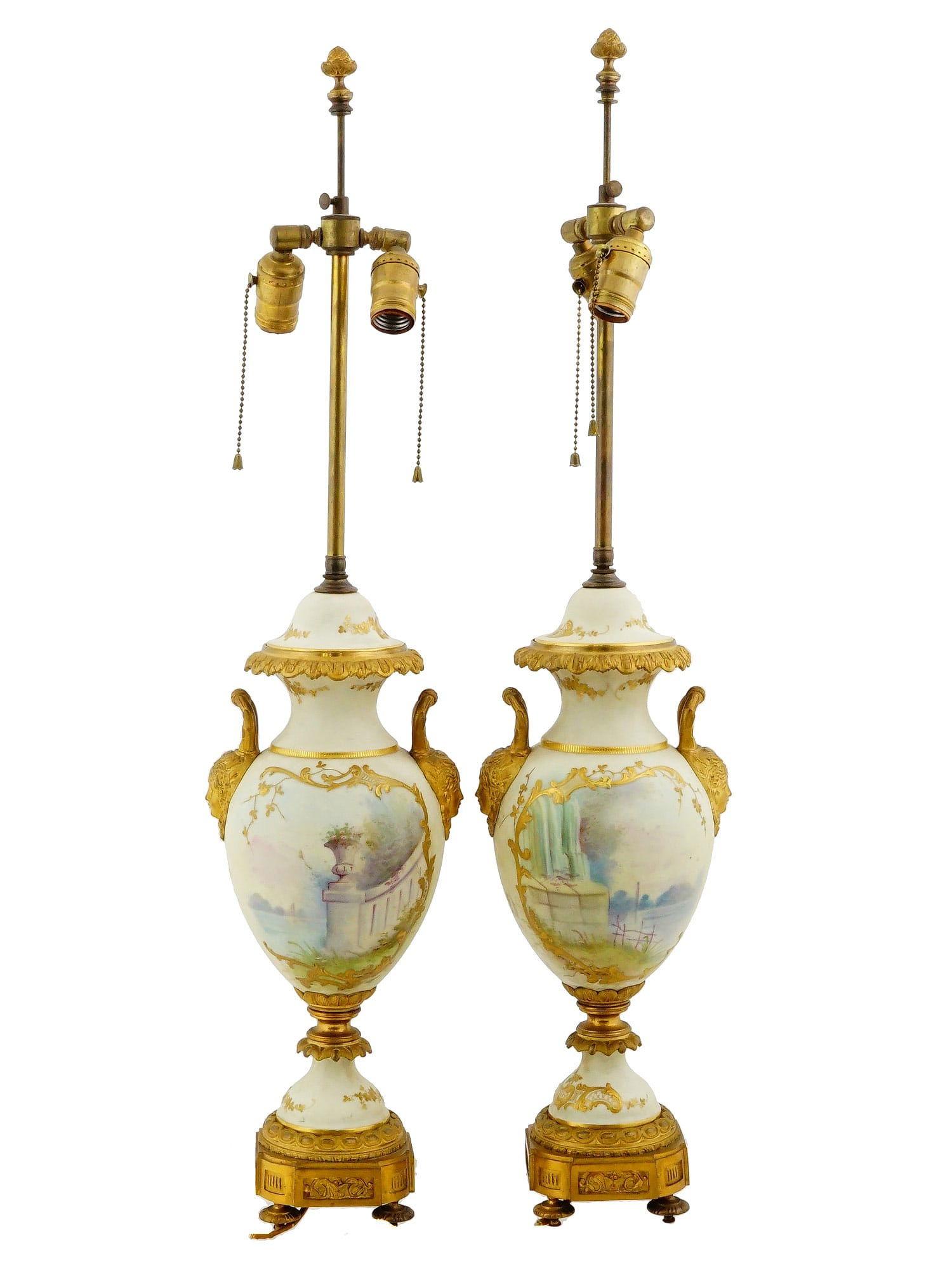 Pair French Gilt Bronze and Porcelain Louis XV Sevres Style Table Lamps In Good Condition For Sale In New York, NY