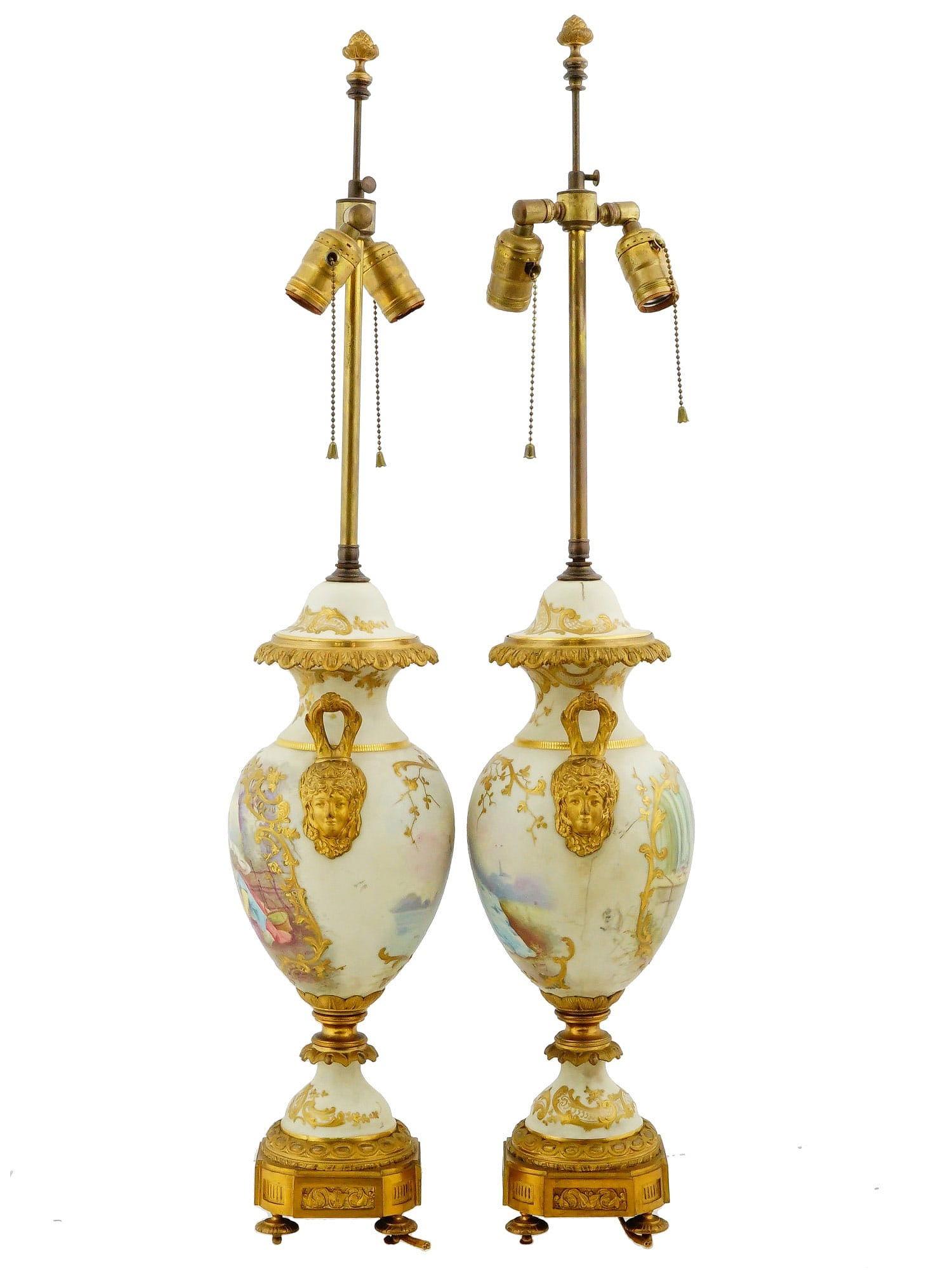 19th Century Pair French Gilt Bronze and Porcelain Louis XV Sevres Style Table Lamps For Sale