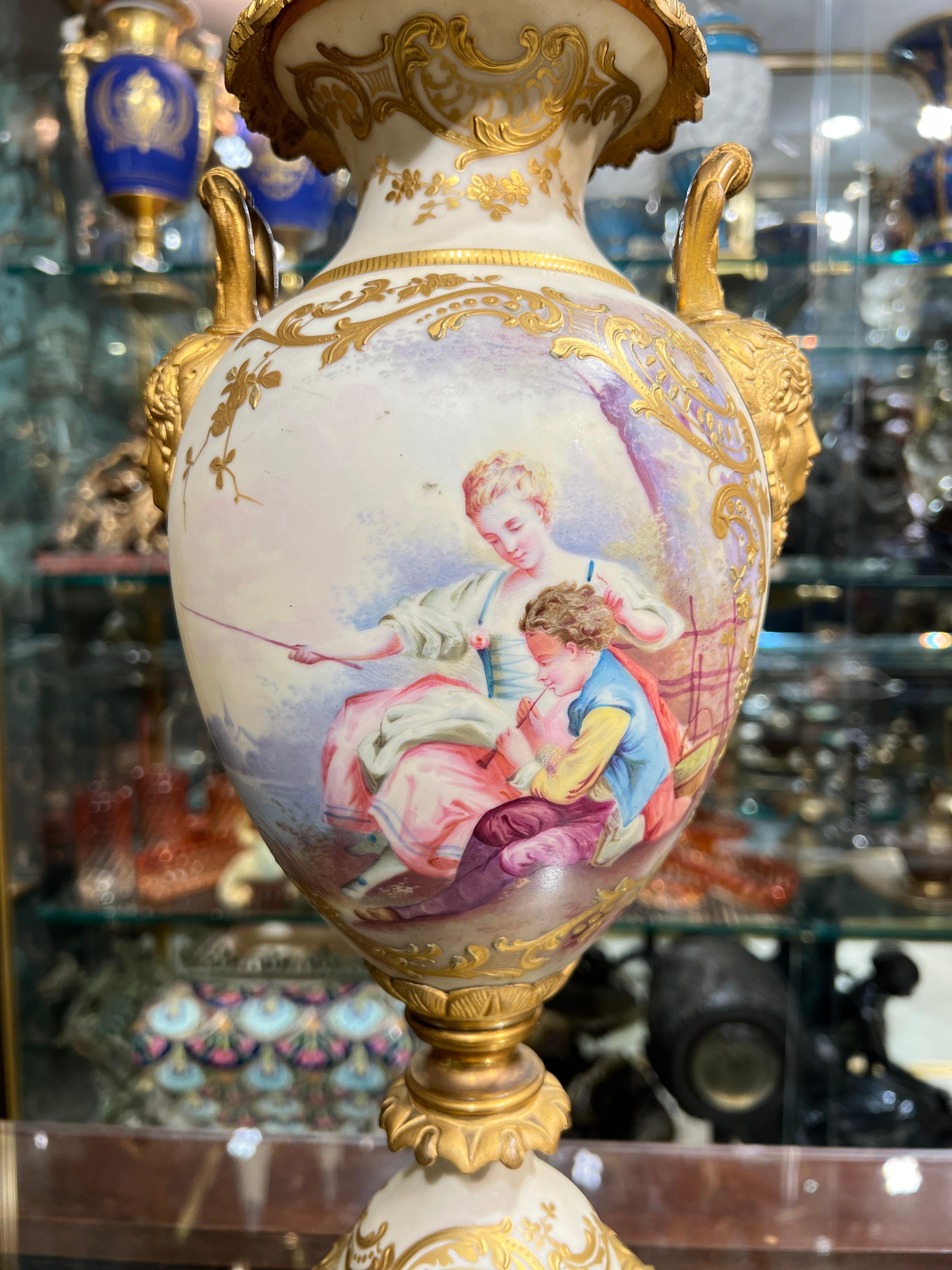 Pair French Gilt Bronze and Porcelain Louis XV Sevres Style Table Lamps For Sale 1