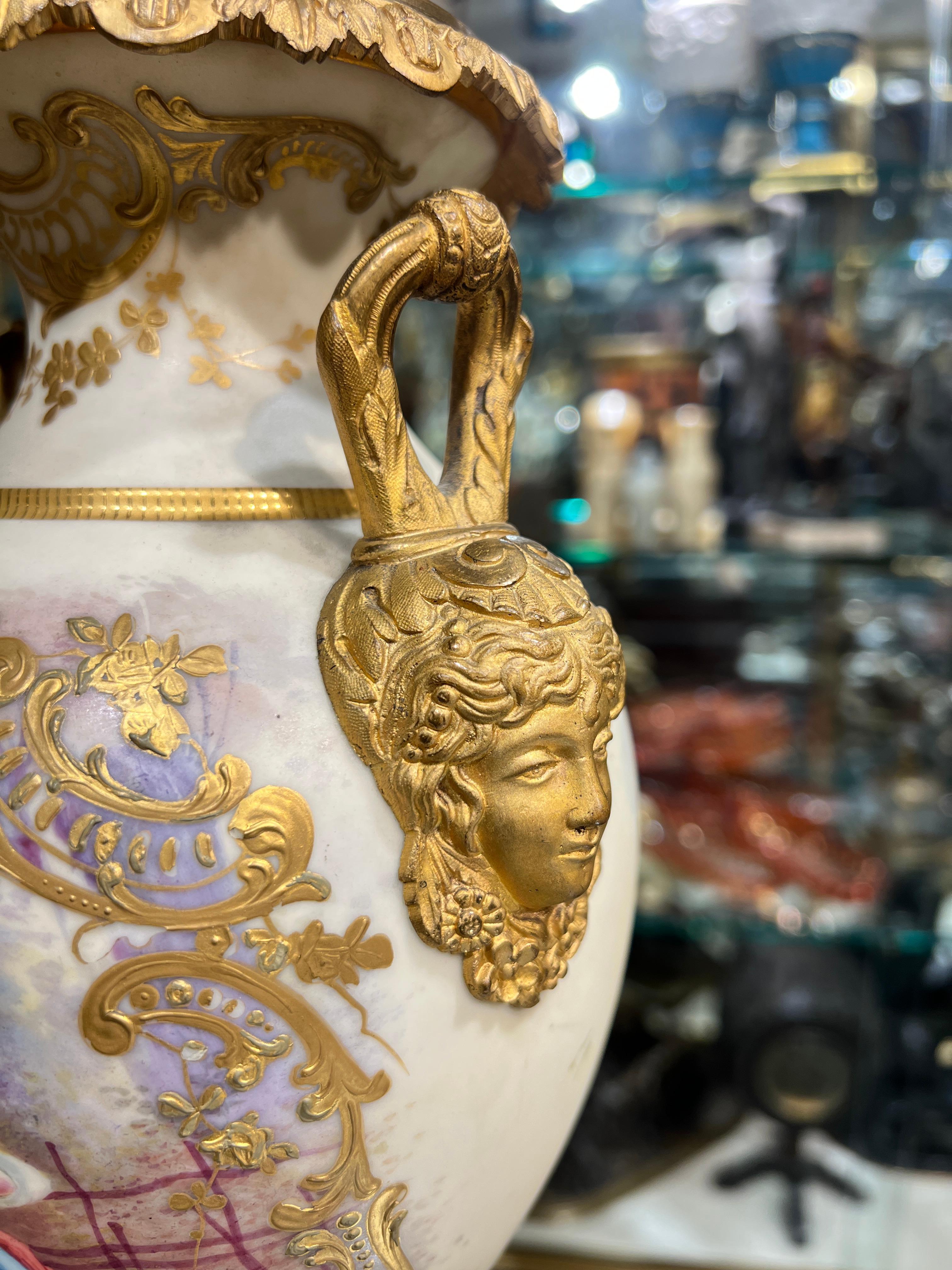 Pair French Gilt Bronze and Porcelain Louis XV Sevres Style Table Lamps For Sale 2