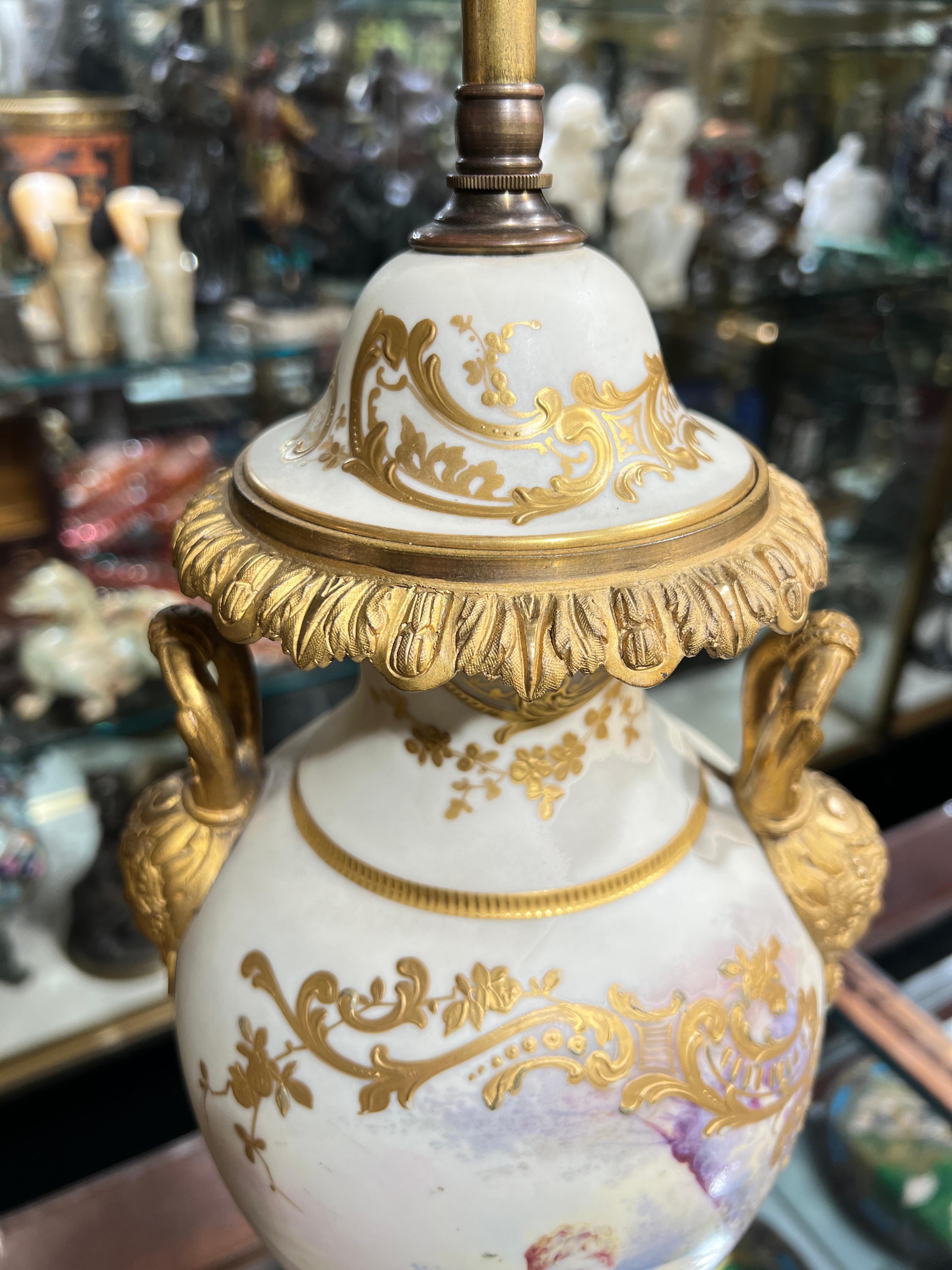 Pair French Gilt Bronze and Porcelain Louis XV Sevres Style Table Lamps For Sale 3