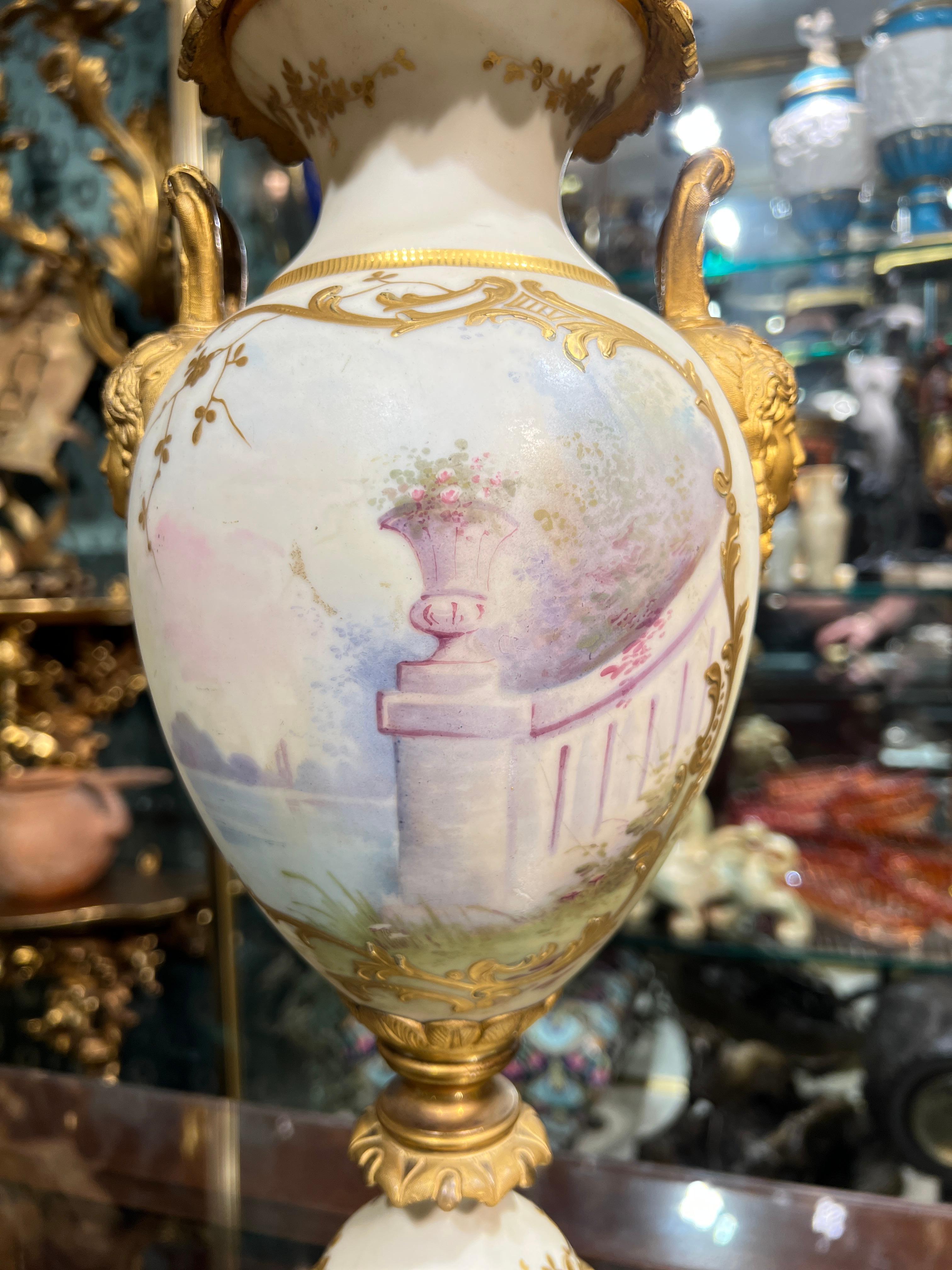 Pair French Gilt Bronze and Porcelain Louis XV Sevres Style Table Lamps For Sale 5