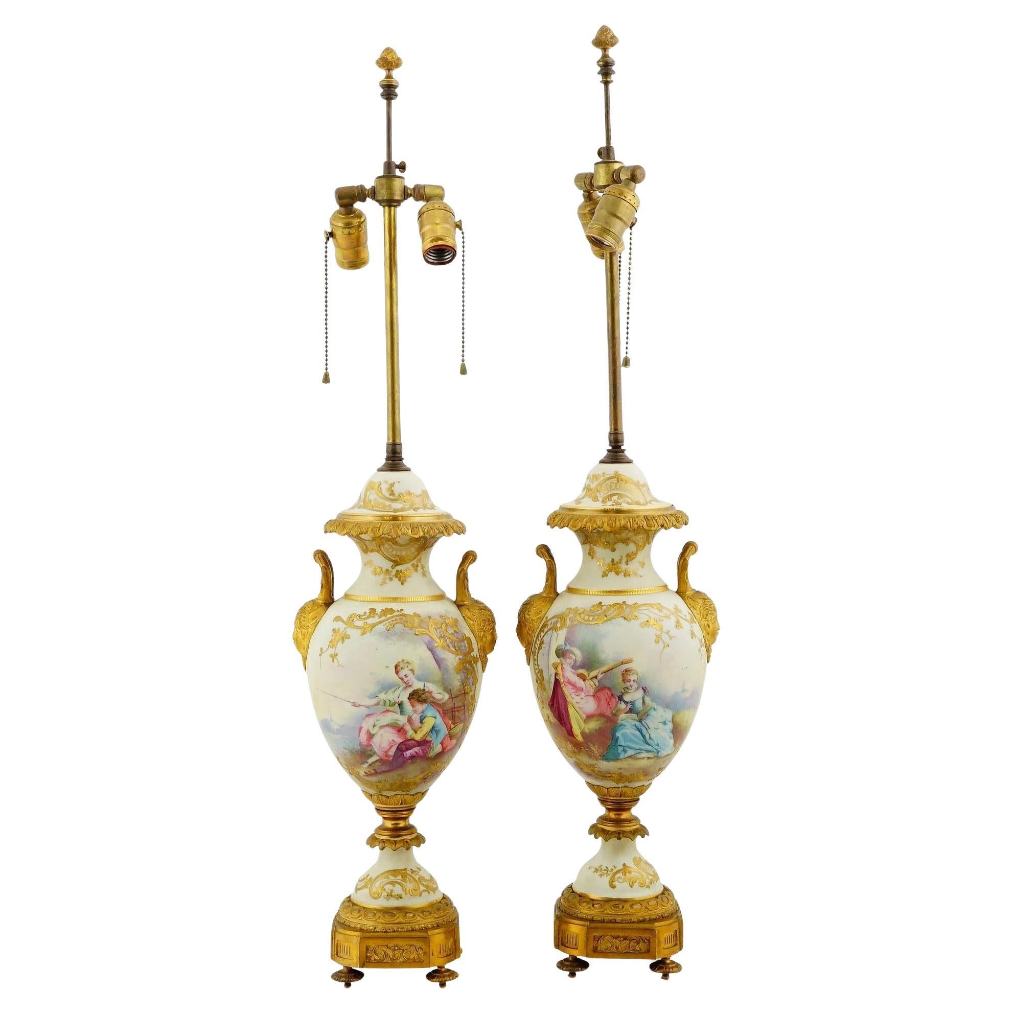 Pair French Gilt Bronze and Porcelain Louis XV Sevres Style Table Lamps For Sale