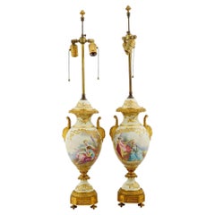 Pair French Gilt Bronze and Porcelain Louis XV Sevres Style Table Lamps