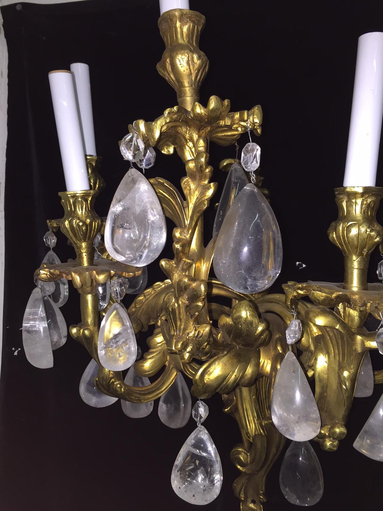 Louis XV Pair French Gilt Bronze and Rock Crystal Sconces For Sale