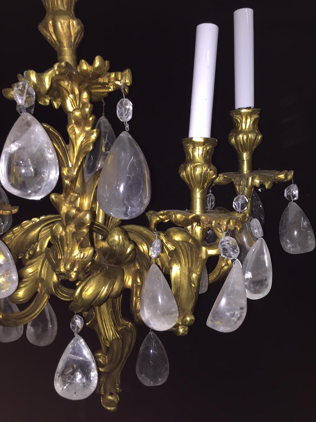 Hand-Carved Pair French Gilt Bronze and Rock Crystal Sconces For Sale