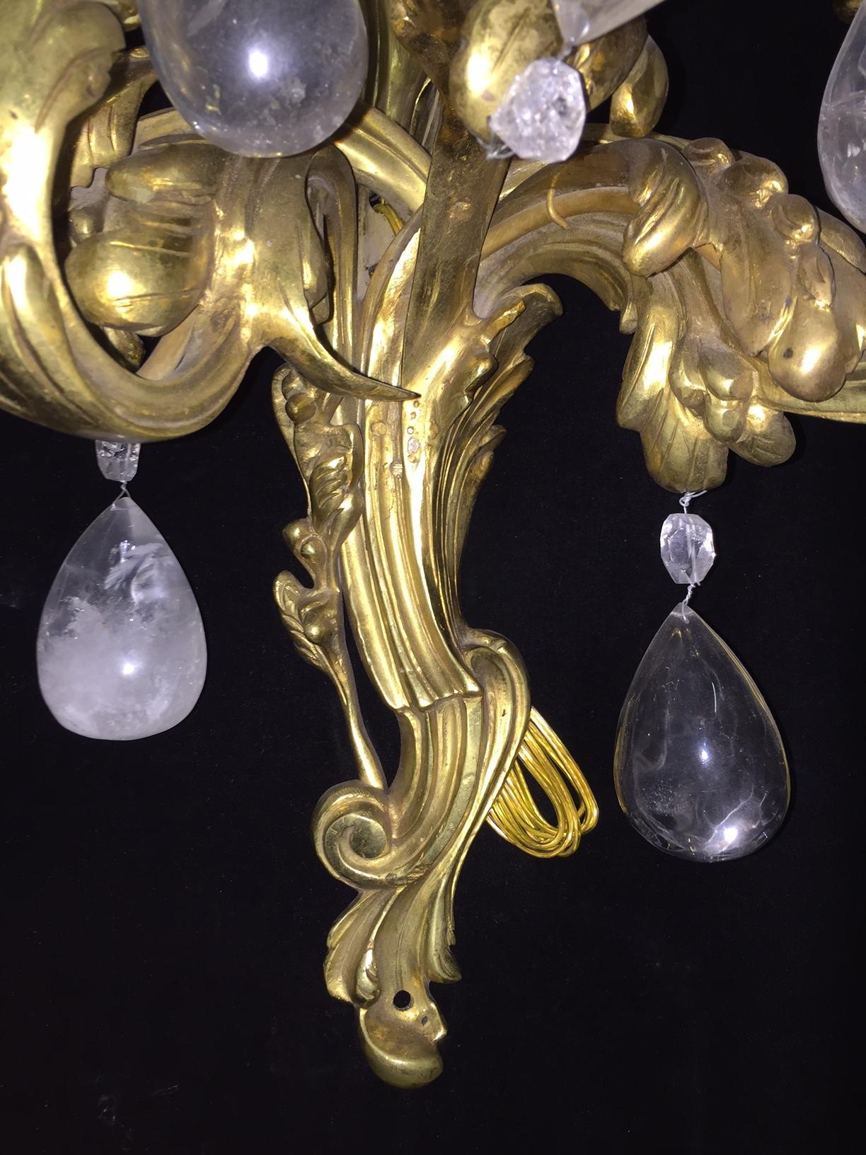 Pair French Gilt Bronze and Rock Crystal Sconces For Sale 1