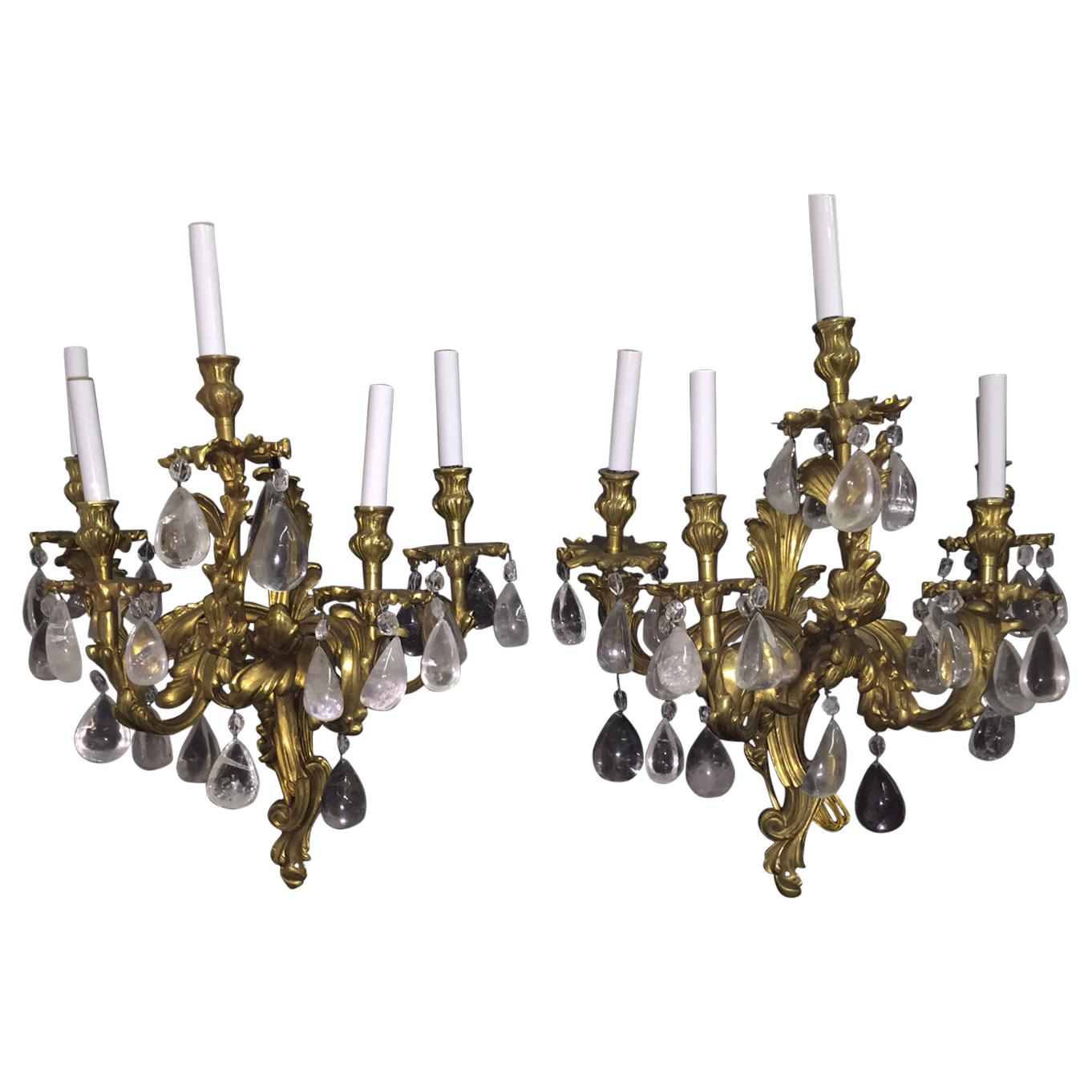 Pair French Gilt Bronze and Rock Crystal Sconces For Sale