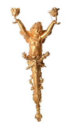 Pair French Gilt Bronze Cherub Wall Lights Louis XVI Revival