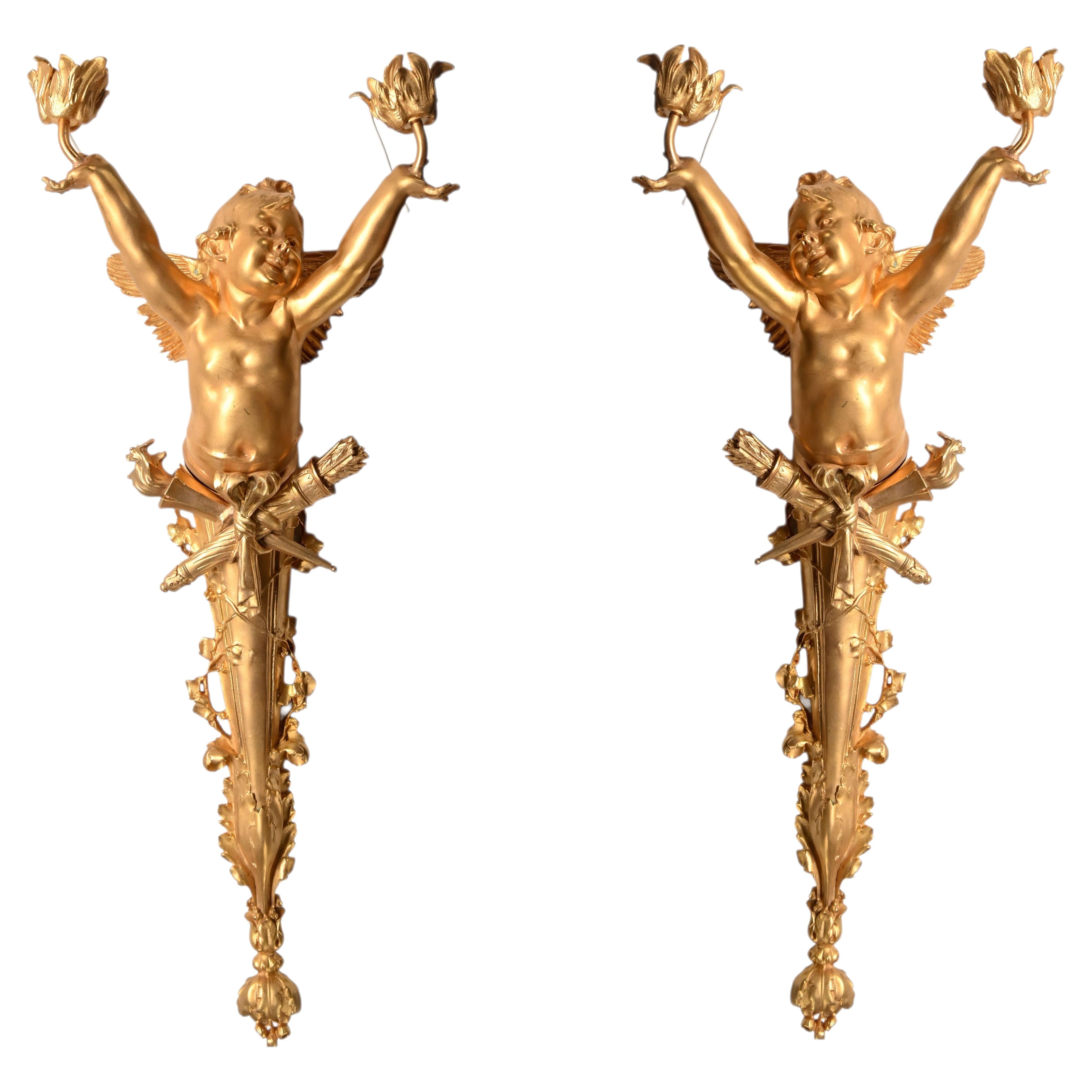 Pair French Gilt Bronze Cherub Wall Lights Louis XVI Revival