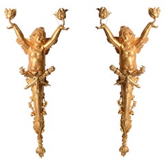 Pair French Gilt Bronze Cherub Wall Lights Louis XVI Revival