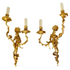 Vintage Pair French Gilt Bronze Chinoiserie Figural XV Wall Sconces