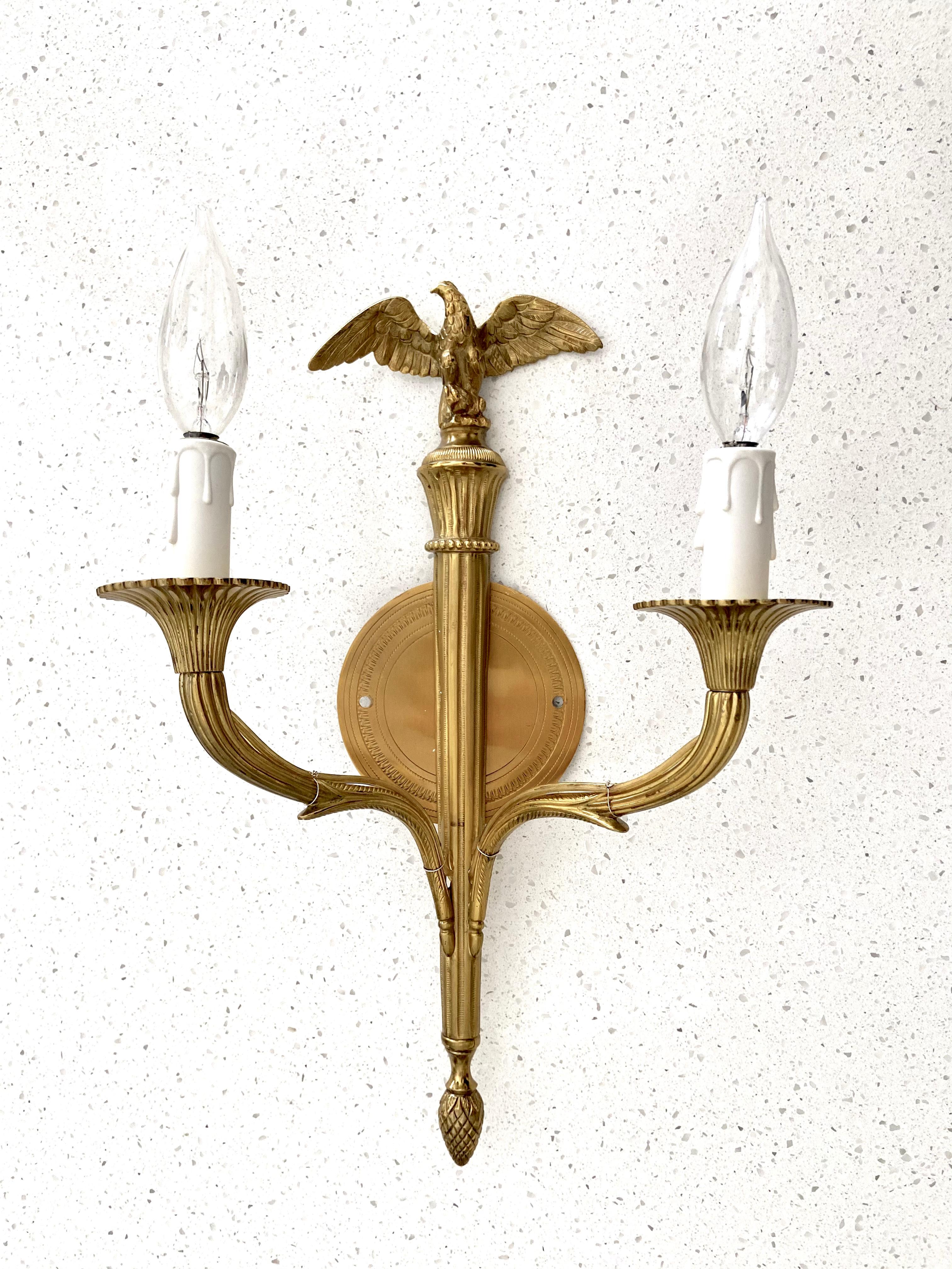 Pair French Gilt Bronze Eagle Wall Sconces In Good Condition For Sale In Palm Springs, CA