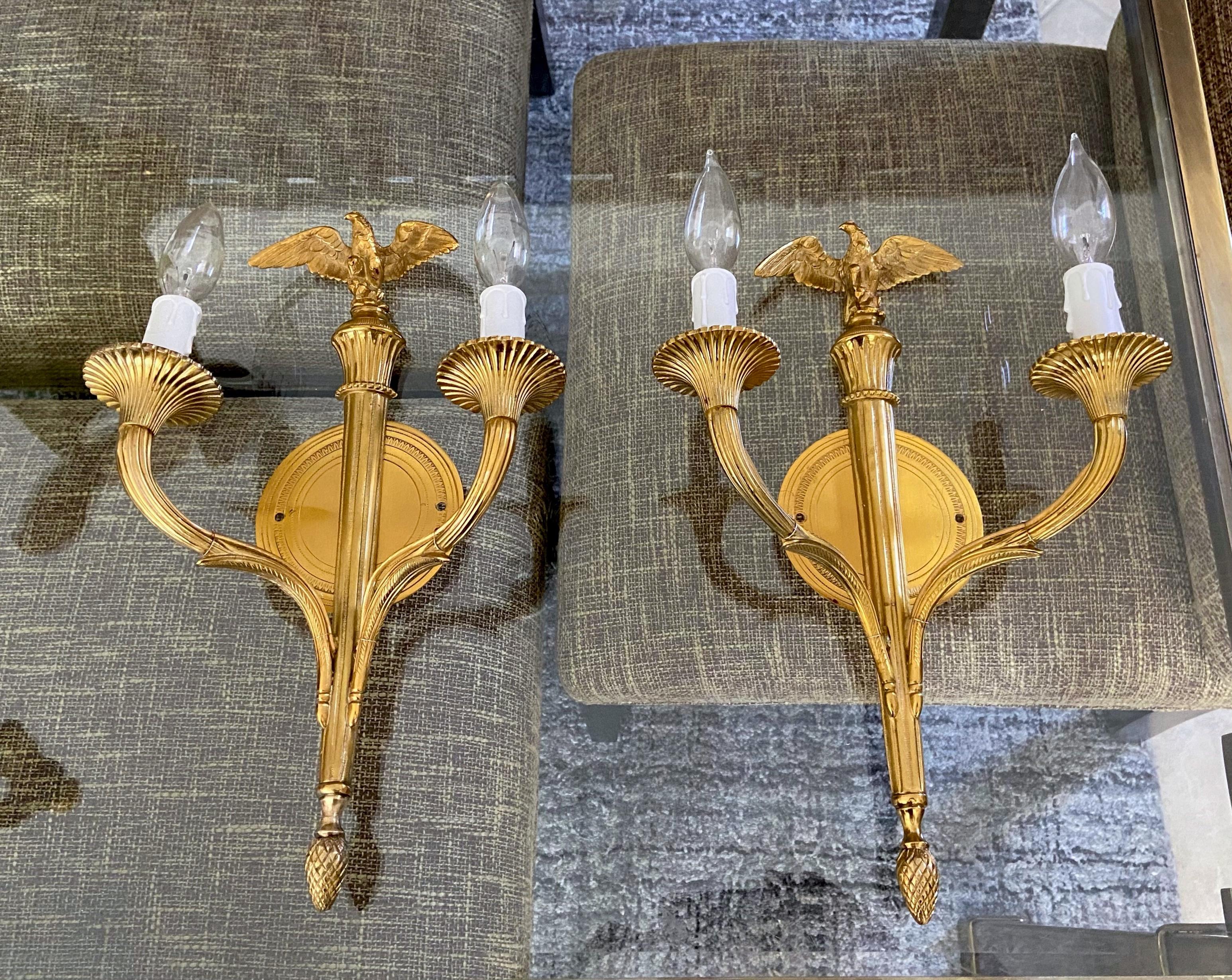 Mid-20th Century Pair French Gilt Bronze Eagle Wall Sconces For Sale