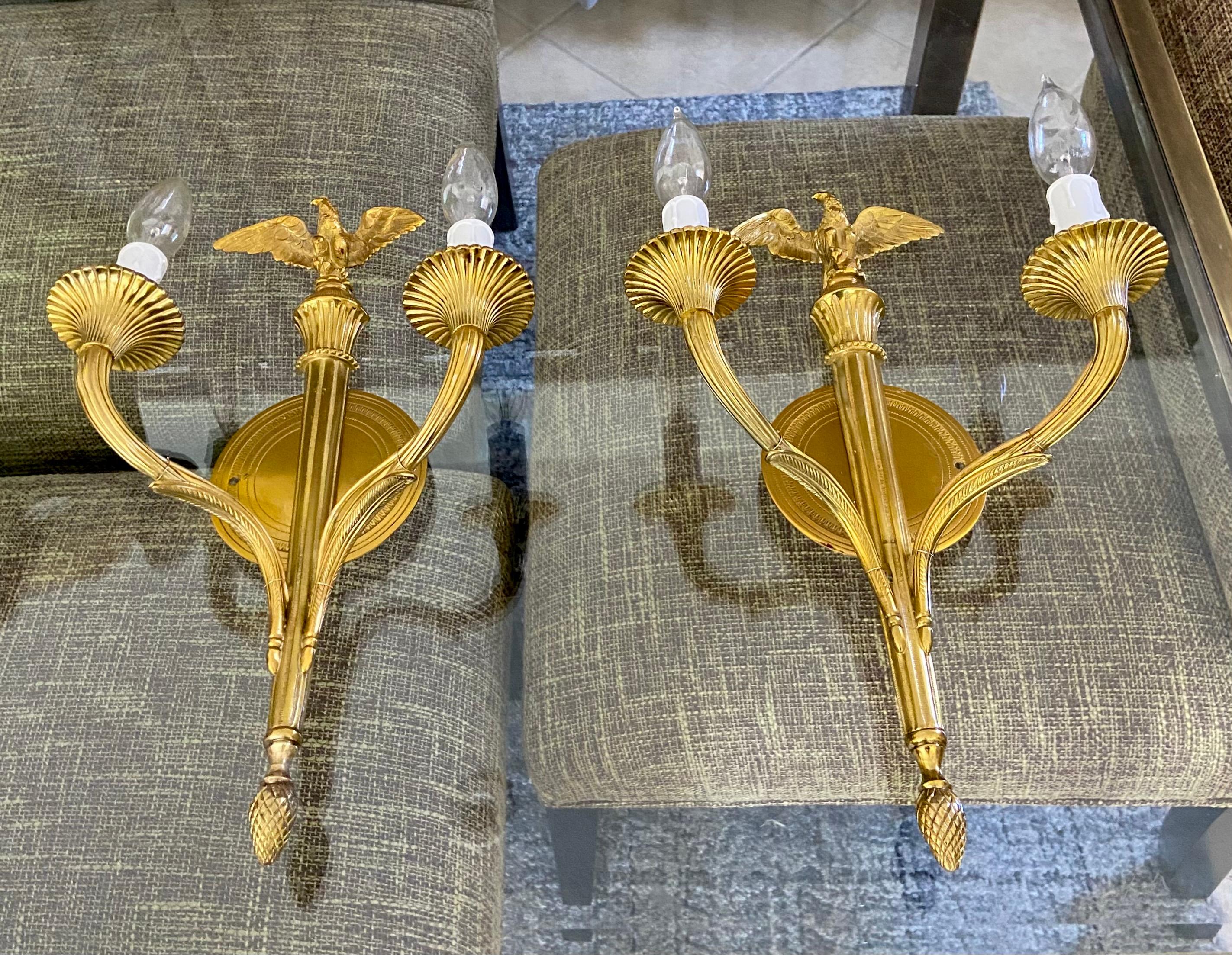 Pair French Gilt Bronze Eagle Wall Sconces For Sale 1